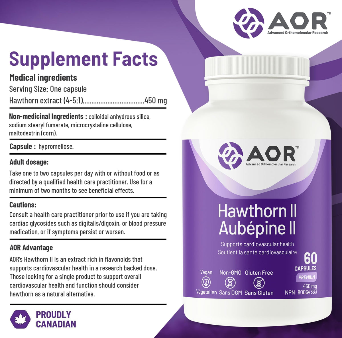 AOR Hawthorn II, Hawthorn Extract Capsules, 450 mg, For Adults, 60 Capsules