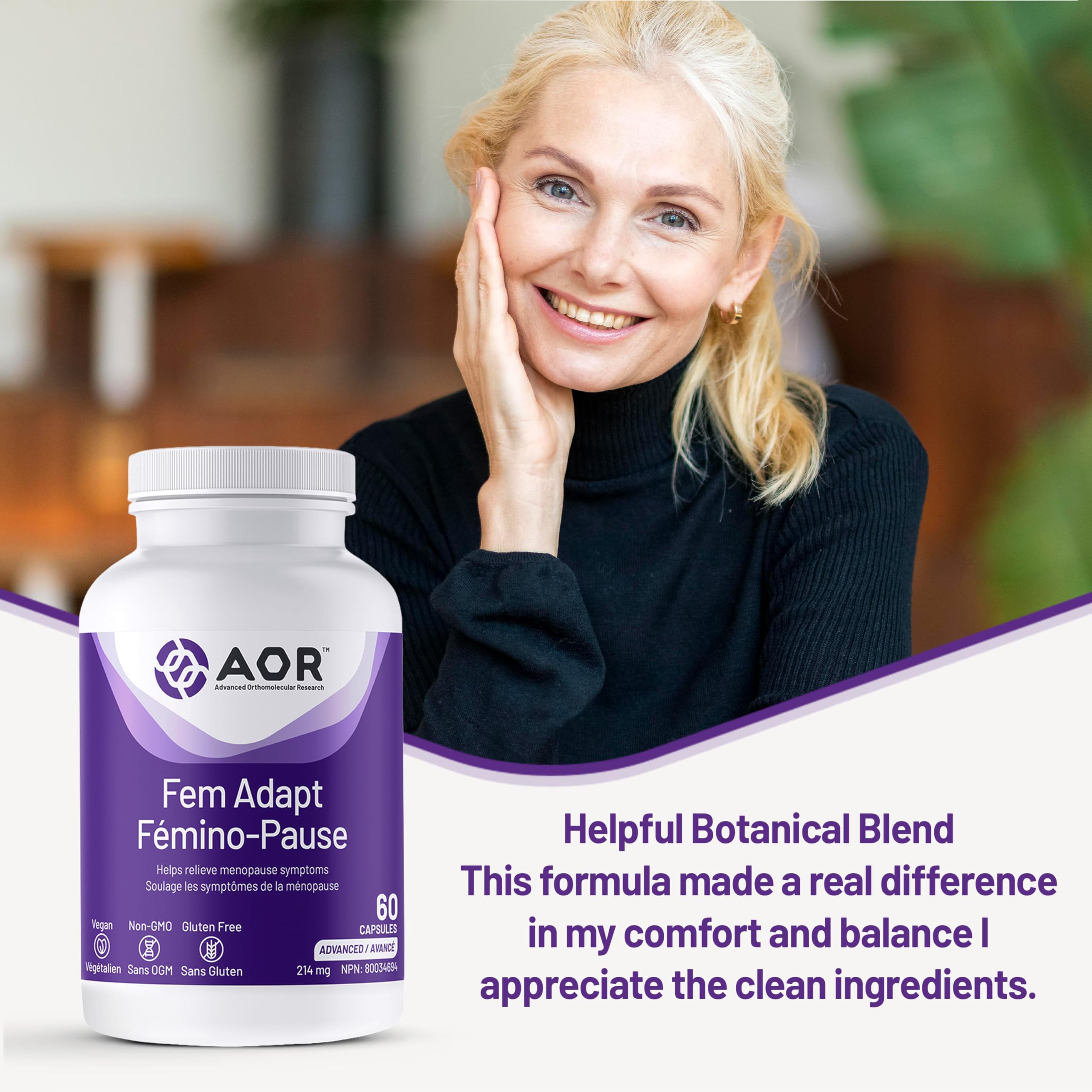 AOR Fem-Adapt 60 gélules – Cure de 30 jours – Végétalien, sans OGM, soutien ménopause pour femmes – Favorise l'équilibre hormonal – Soutient le confort pendant les bouffées de chaleur et les niveaux d'énergie – Encourage le bien-être général