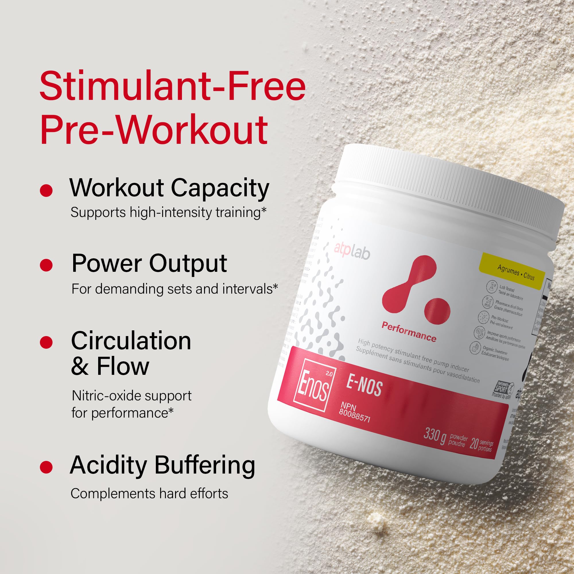 ATP LAB - E-Nos 330g Poudre Saveur Agrumes - Améliore la performance sportive, aide à maintenir et à soutenir la santé cardiovasculaire - Inducteur de pompe et Poudre Pre Workout