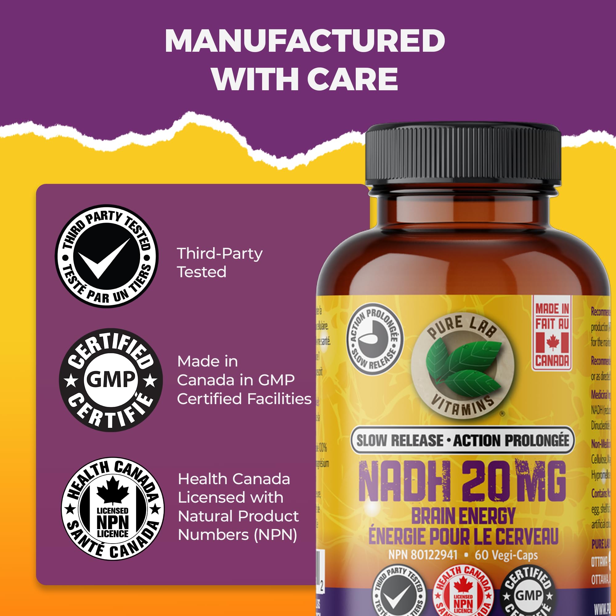 Pure Lab Vitamins - Nicotinamide Adénine Dinucléotide (NAD) + Hydrogène (H) Supplément - 20 MG