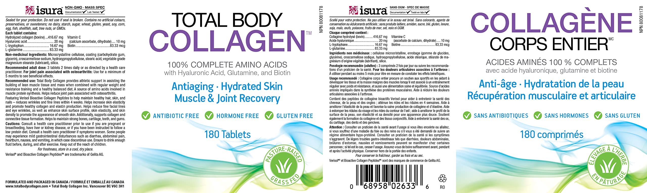 Total Body Collagen - 180 Tablets, VALUE SIZE, 100% Amino Acid, with Hyaluronic Acid, Glutamine, and Biotin all included to support Hydrated Skin, and Muscle Recovery