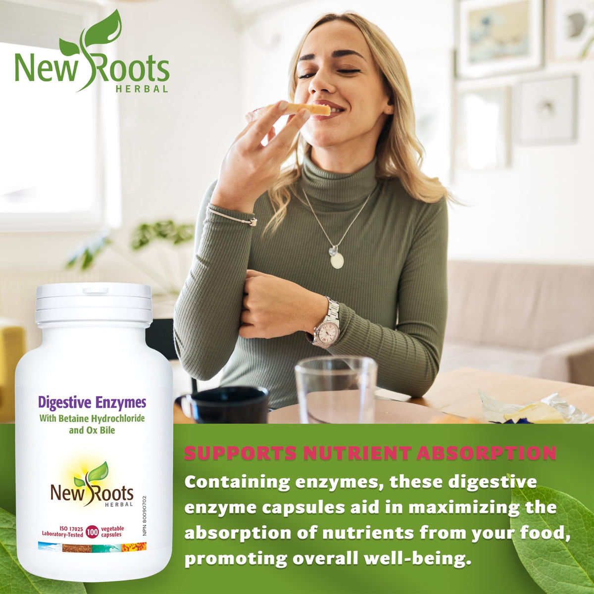 New Roots Herbal Digestive Enzymes, Betaine HCl, 100 Capsules
