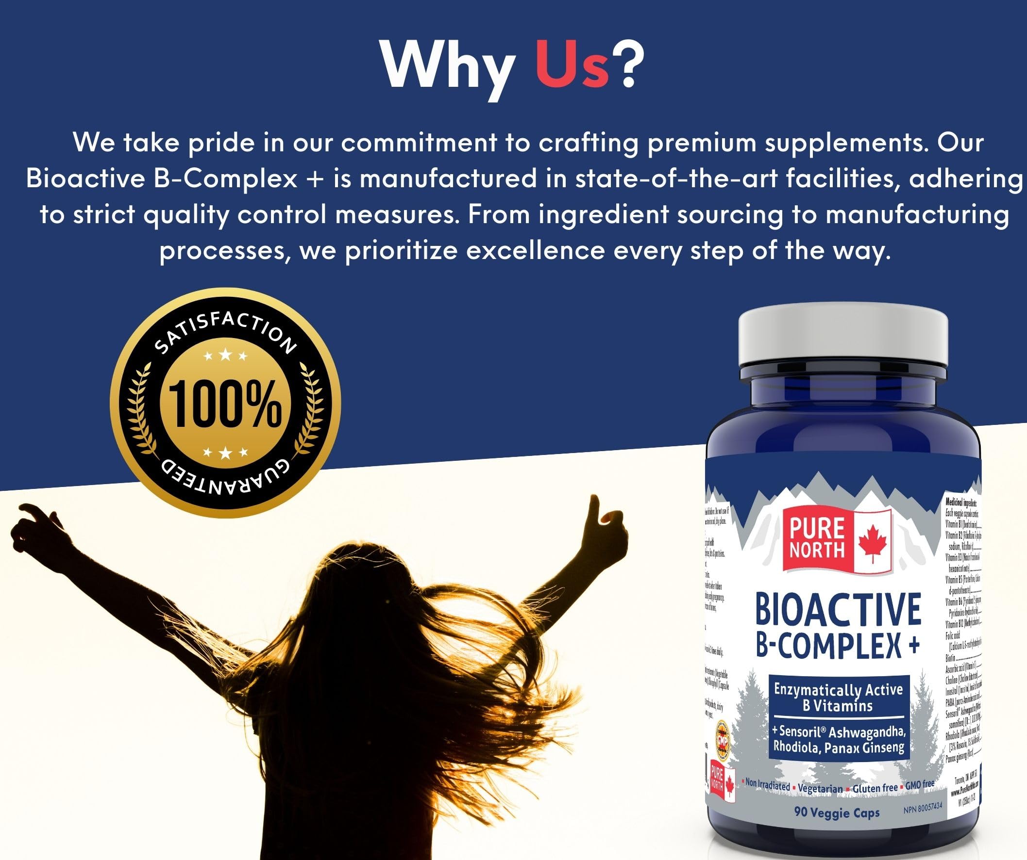 Pure North Naturals - Bioactive B-Complex Vitamin Supplement 90 Caps 30-Day Supply - Enzymatically Active Sensoril Ashwagandha, Rhodiola, Panax Ginseng - 3rd Party Tested - Formulated & Made in Canada