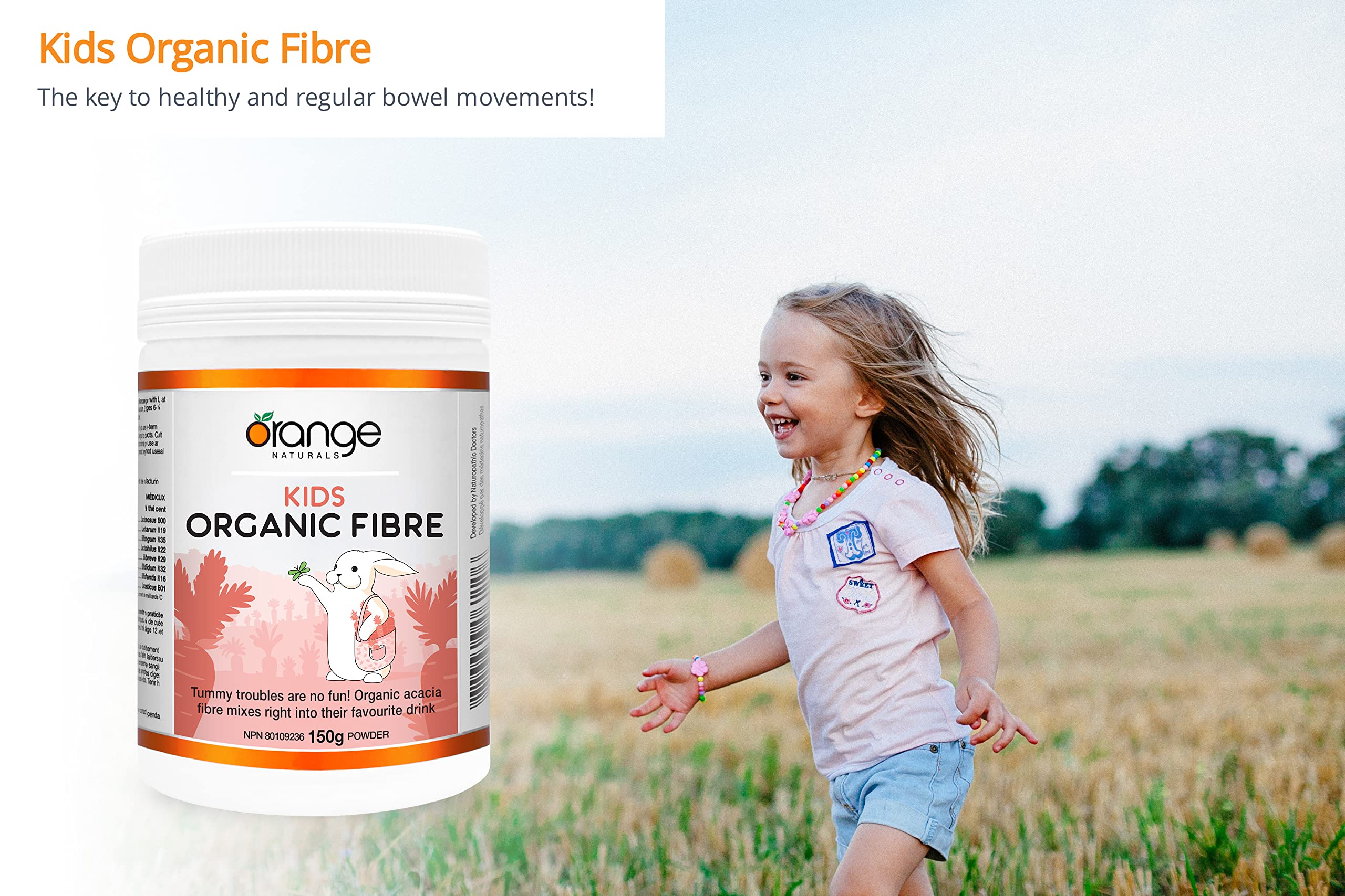 Orange Naturals - Fibres Biologiques pour Enfants, 150g Poudre 30 Portions - Soutient la Santé Intestinale, des Selles Saines et Régulières et Favorise la Santé Globale - Sans Goût et Facile à Mélanger - Végétalien et Sans OGM