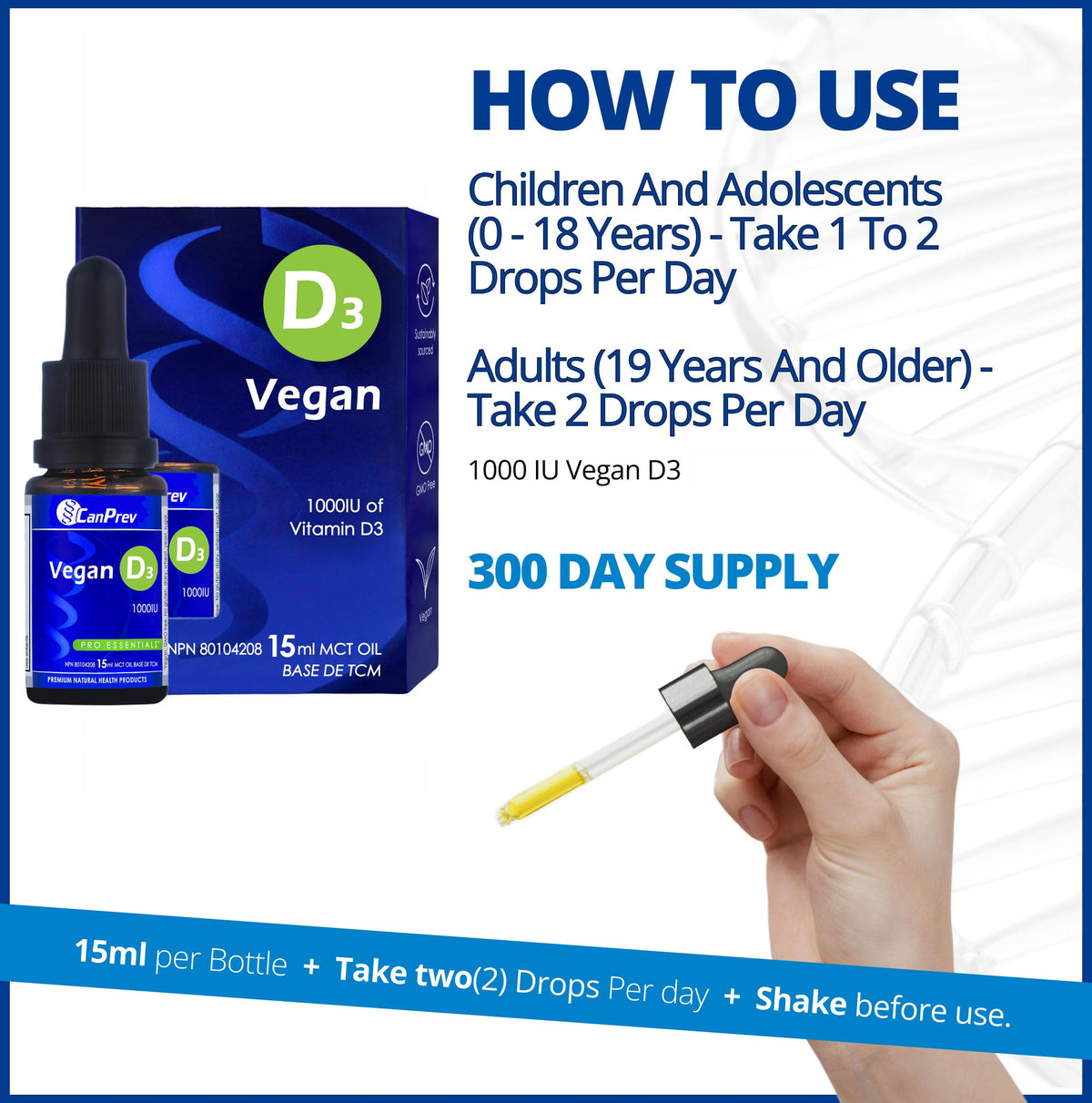 CanPrev Vegan Vitamin D3 Drops, 1000 IU, Unflavoured, 15 ml, 300 Day Supply