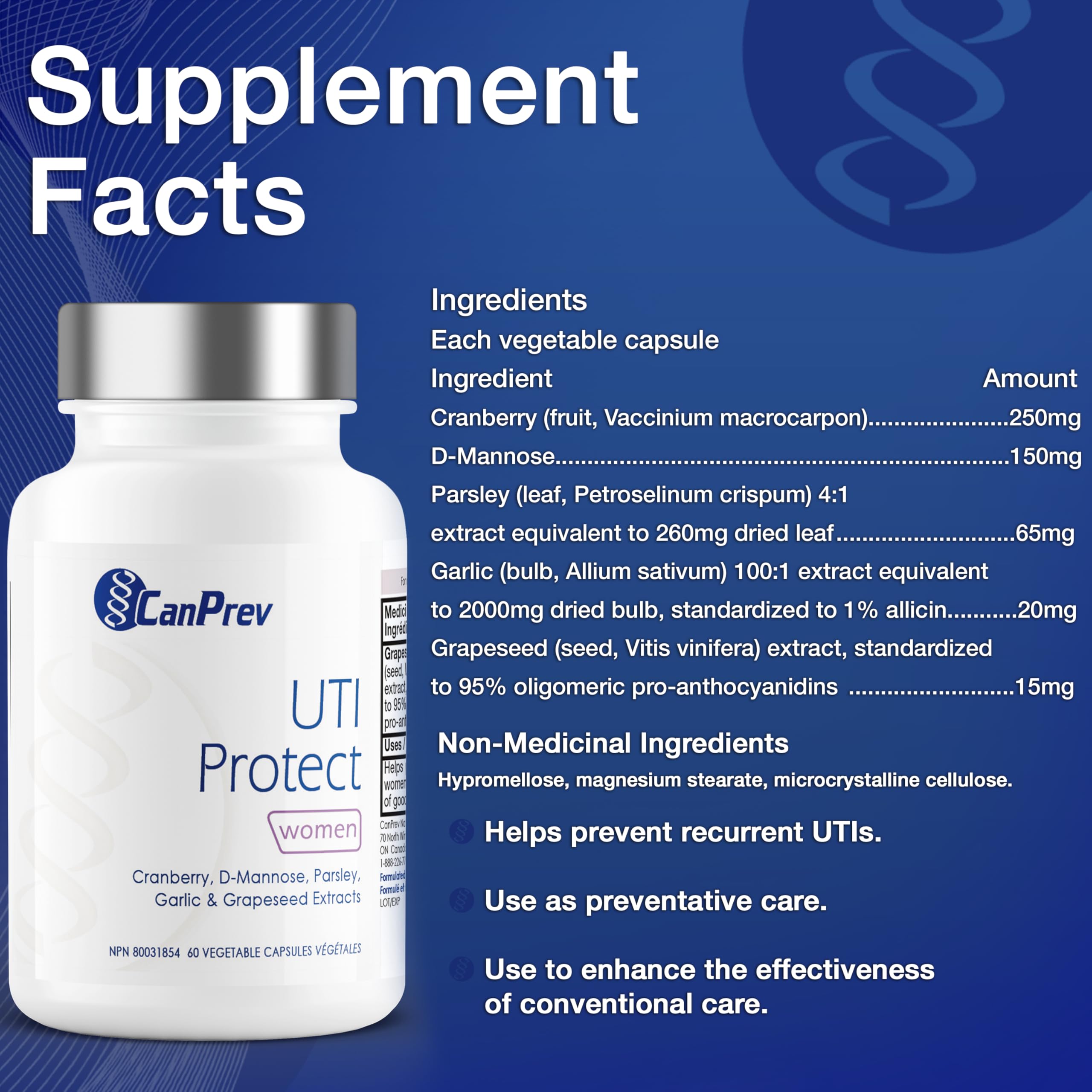 CanPrev UTI Protect, 60 Capsules 30-Day Supply - D-Mannose for Bladder Support with Cranberry, Parsley, Garlic & Grapeseed Extracts, Promotes Bladder Comfort & Urinary Tract Wellness - Vegan & Non-GMO