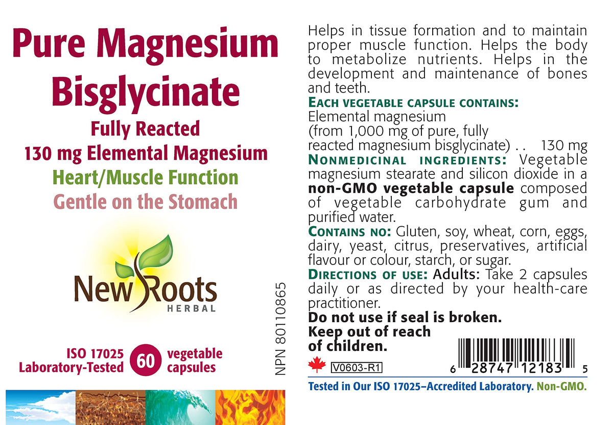 New Roots Herbal Magnesium Bisglycinate, 60 Veg Capsules, 30 Day Supply