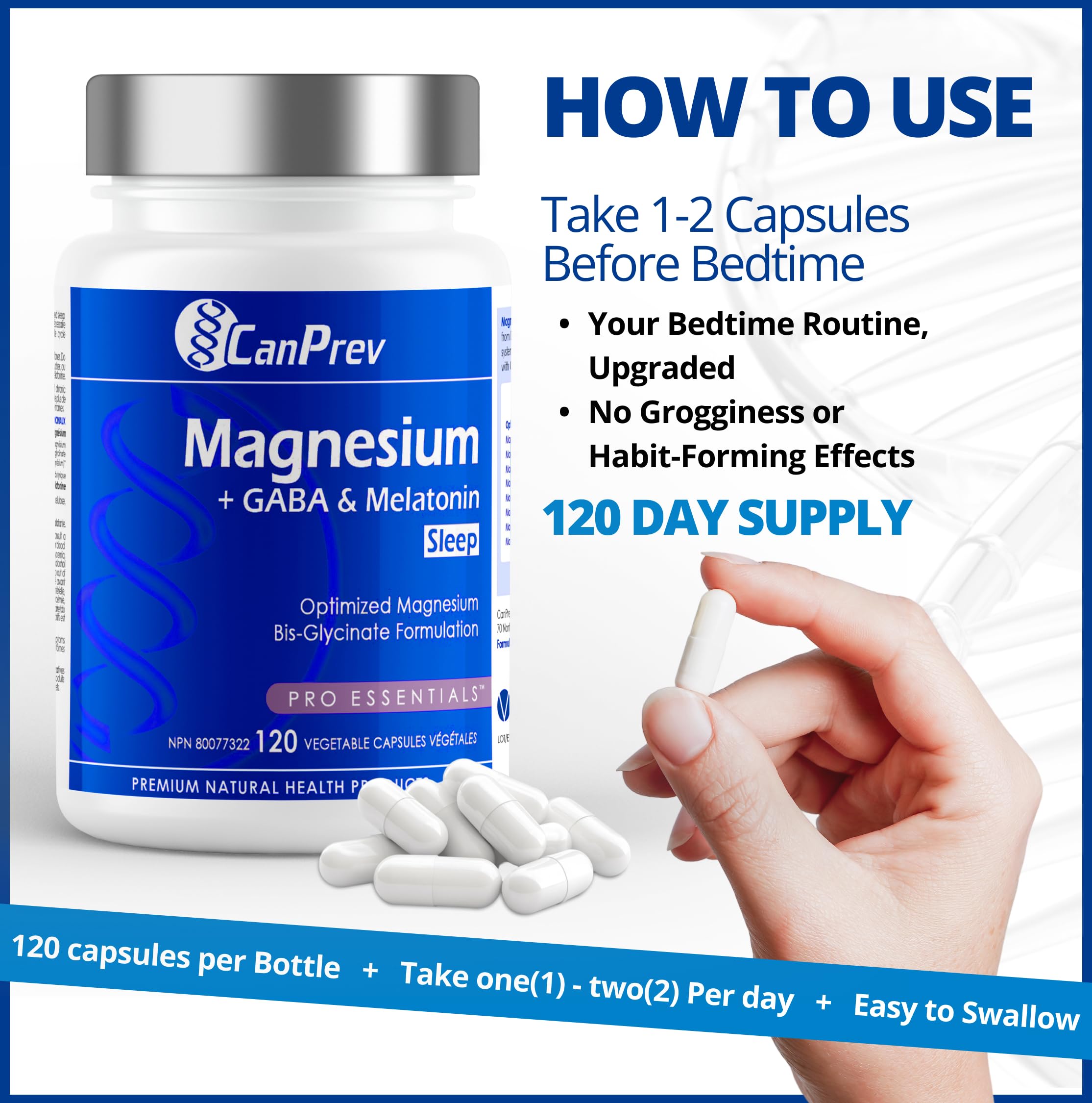 CanPrev Magnesium Bisglycinate Chelated + GABA & Melatonin, 120 Veg Caps, 120-Day Supply, Supports Restful Night, Muscle Function, Promote Relaxation & Balanced Sleep-Wake Cycle, Vegan, No GMO, Gluten