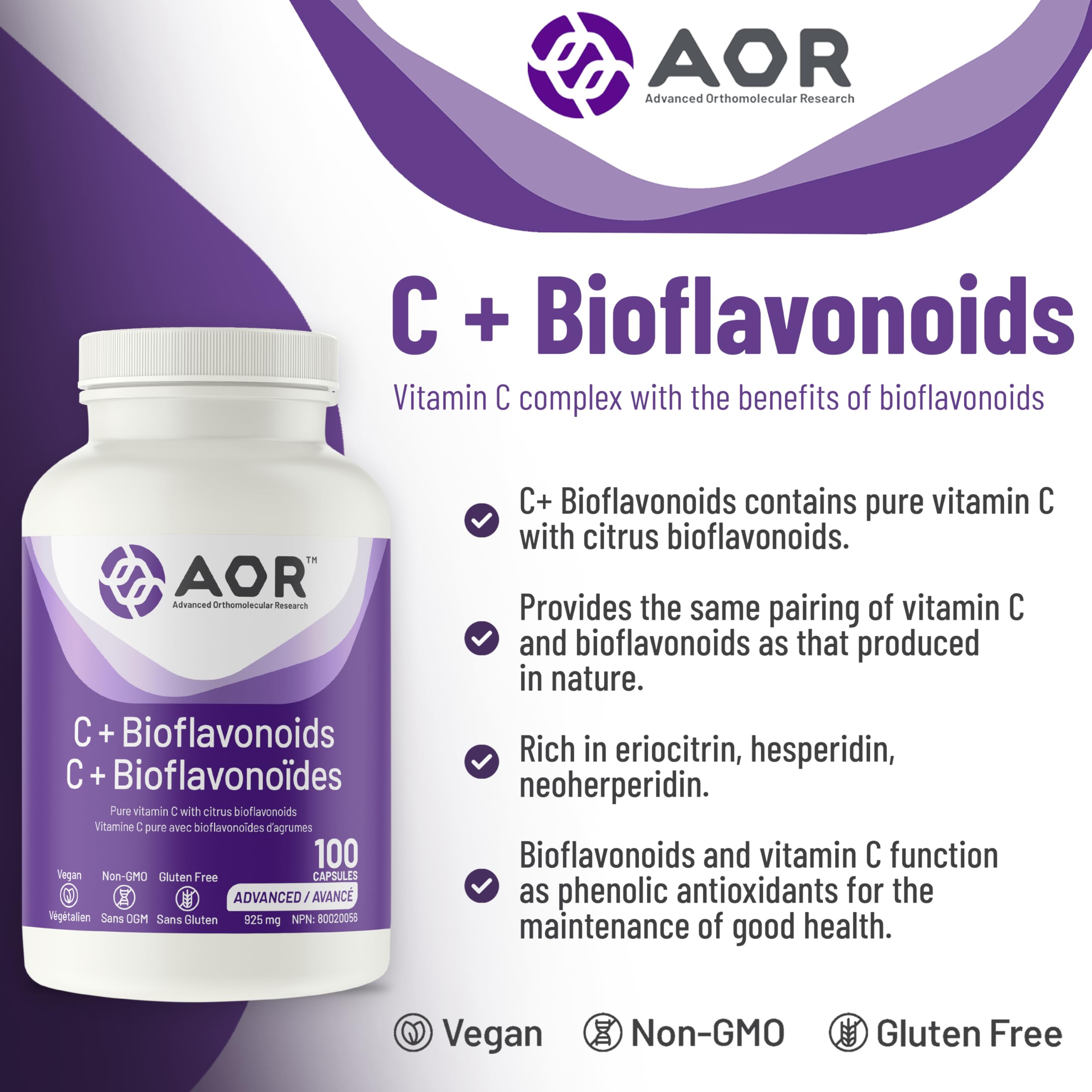 AOR - C+ Bioflavonoïdes 925 mg, 100 capsules - Supplément de vitamine C acide ascorbique avec bioflavonoïdes d'agrumes - Soutien cérébral, santé cardiaque, soutien immunitaire, santé vasculaire et cicatrisation des plaies