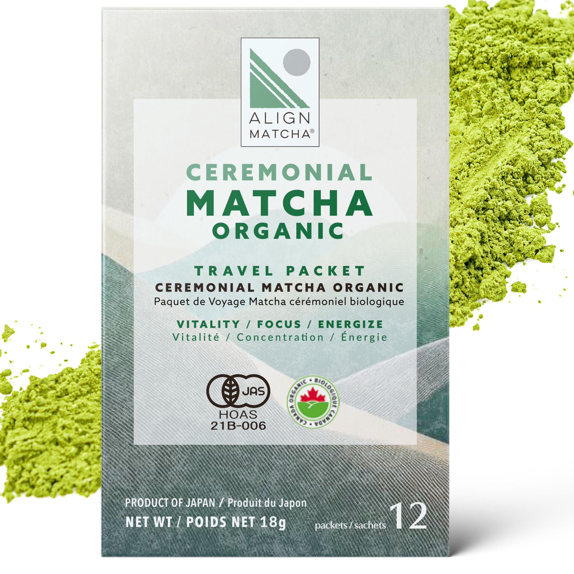 ALIGN MATCHA Sachet de voyage de Matcha Cérémonial Biologique — Ichibancha du Japon, 12 sachets individuels pour fouetter en déplacement