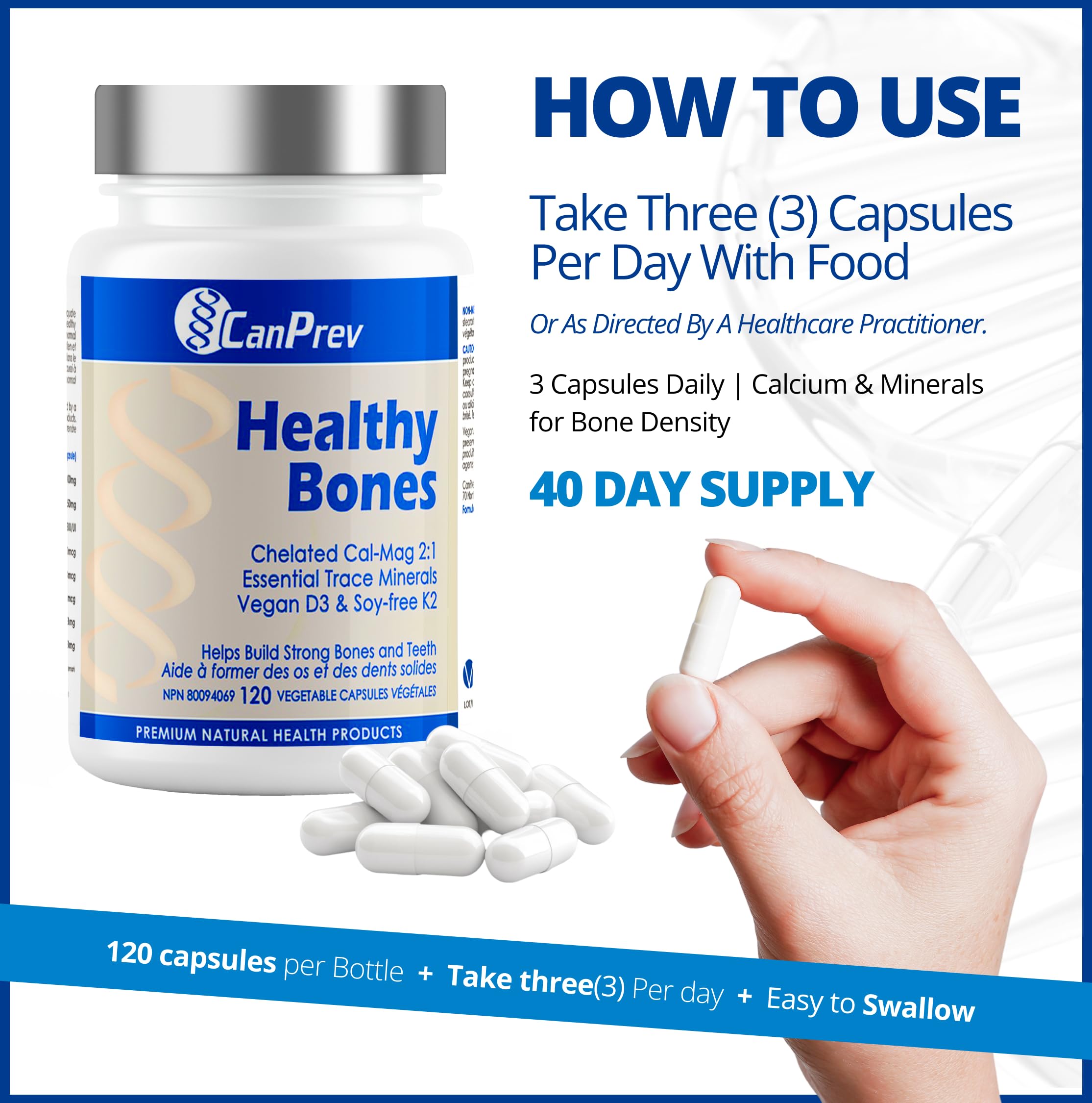 CanPrev Healthy Bones - Cal-Mag Chélaté 2:1, Oligo-éléments Essentiels, Vitamine D3 Végétalienne & K2 Sans Soja | Aide à Construire des Os et des Dents Solides | Produits de Santé Naturels de Première Qualité