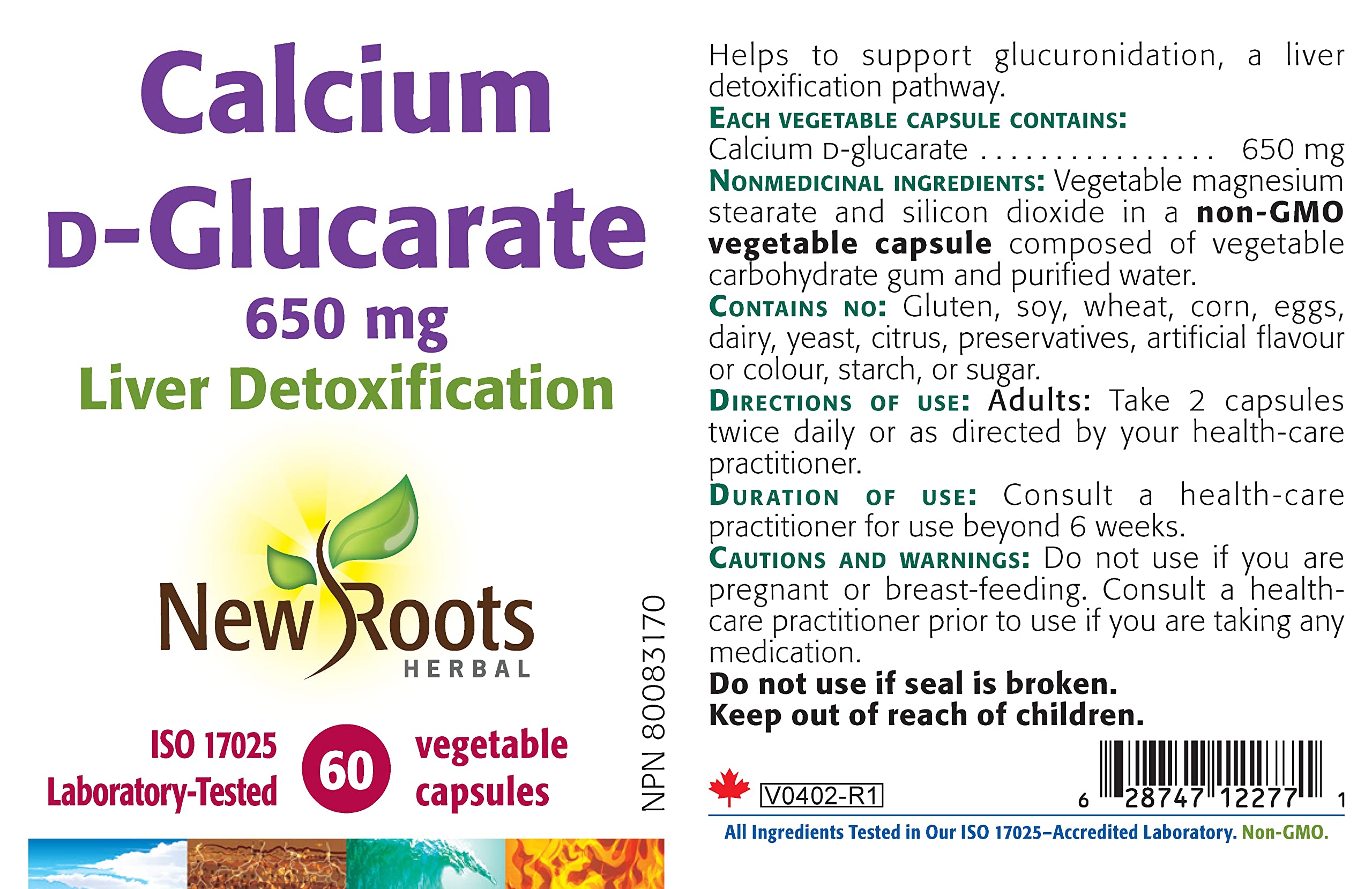 New Roots Herbal Calcium D-Glucarate 650 mg, 60 capsules végétales – Soutient la fonction hépatique saine, favorise l'équilibre hormonal pendant la ménopause, sans OGM, sans produits laitiers, sans soja, sans gluten
