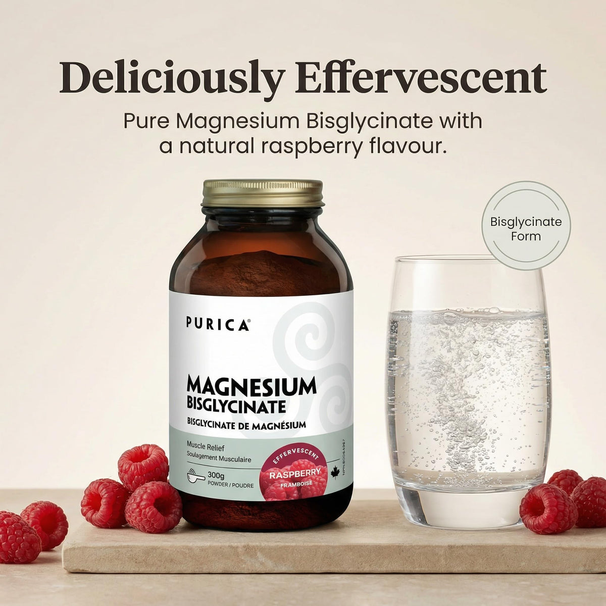 PURICA Magnesium Bisglycinate Powder, 350 mg, Raspberry Flavour, 300 g