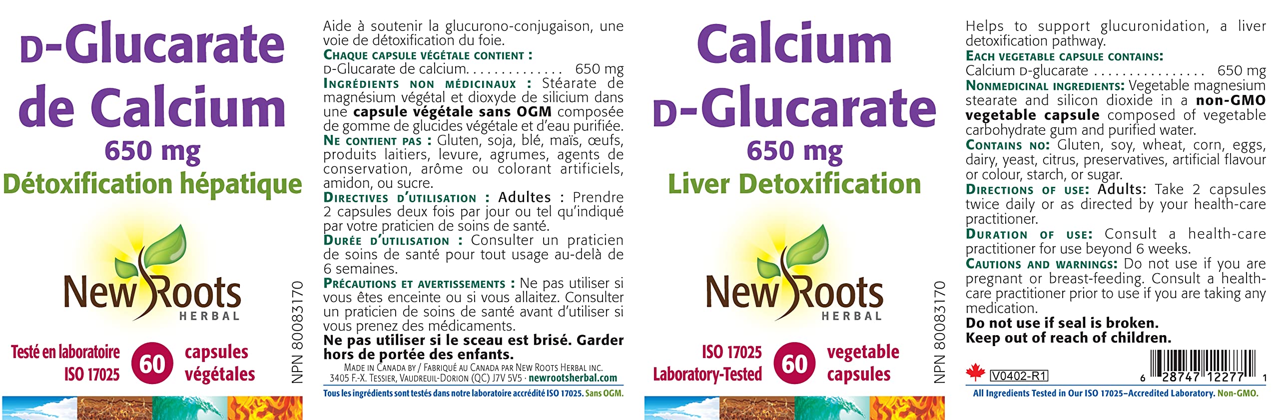 New Roots Herbal Calcium D-Glucarate 650 mg, 60 capsules végétales – Soutient la fonction hépatique saine, favorise l'équilibre hormonal pendant la ménopause, sans OGM, sans produits laitiers, sans soja, sans gluten