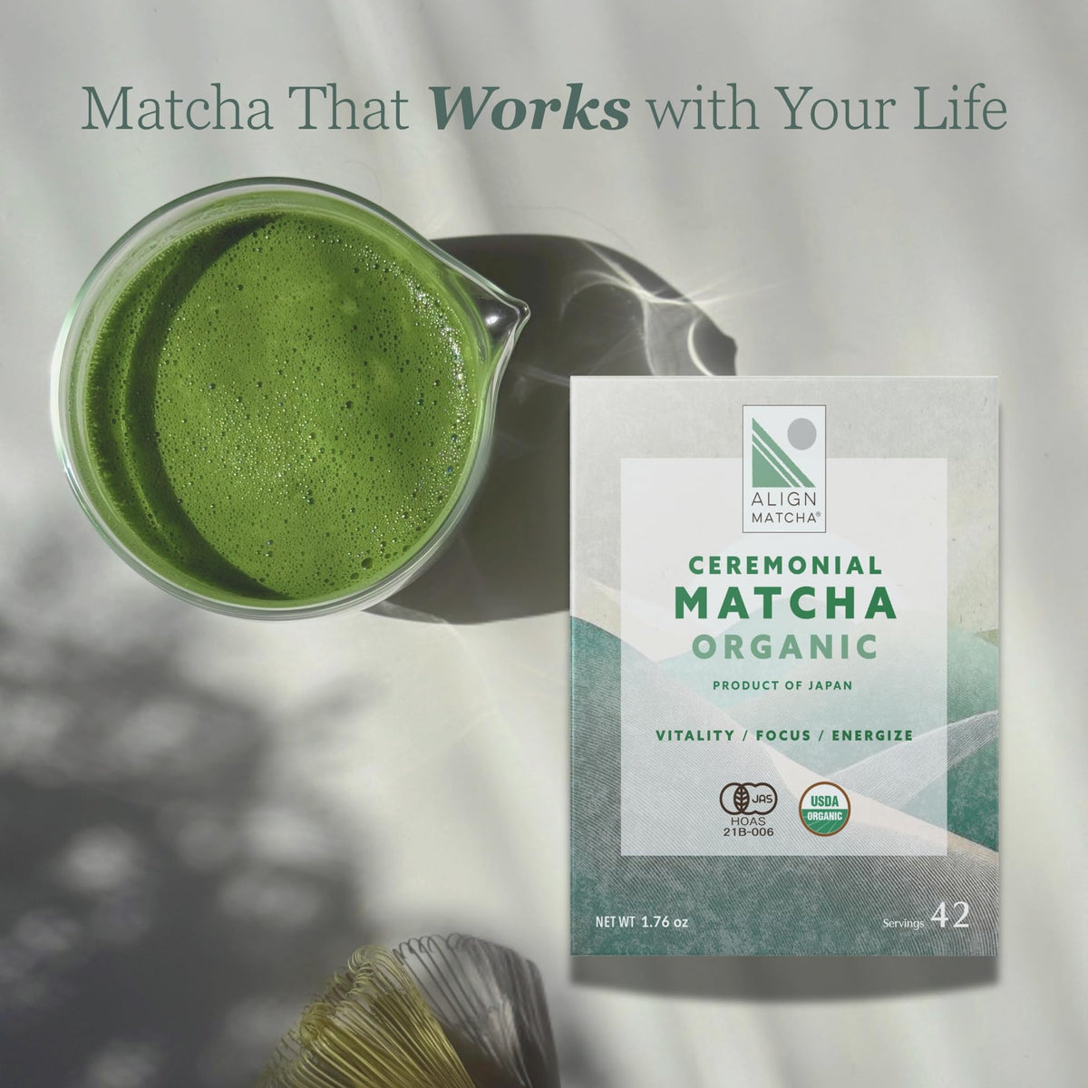 ALIGN MATCHA Ceremonial Organic Matcha - Ichibancha (First Tea) calm ritual; sourced from Japan, 50 g (≈42 servings)