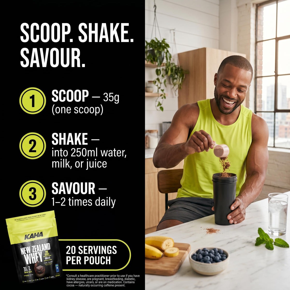 Kaha Nutrition NZ Whey Isolate, 720g Protein Powder Dark Chocolate Flavour, 31g Protein & 7g BCAAs, Grass-Fed New Zealand Whey, Lactose & Carrageenan Free