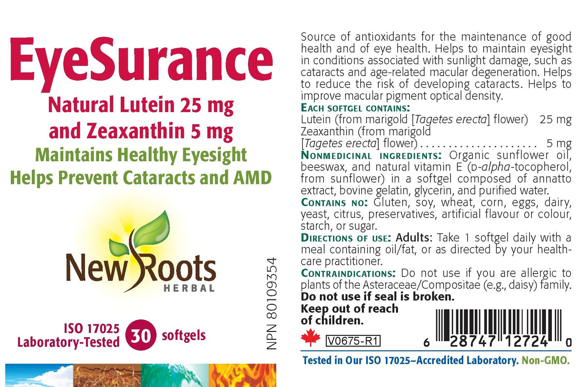 New Roots Herbal EyeSurance Lutein Eye Supplement,25mg Lutein,30-Day Supply