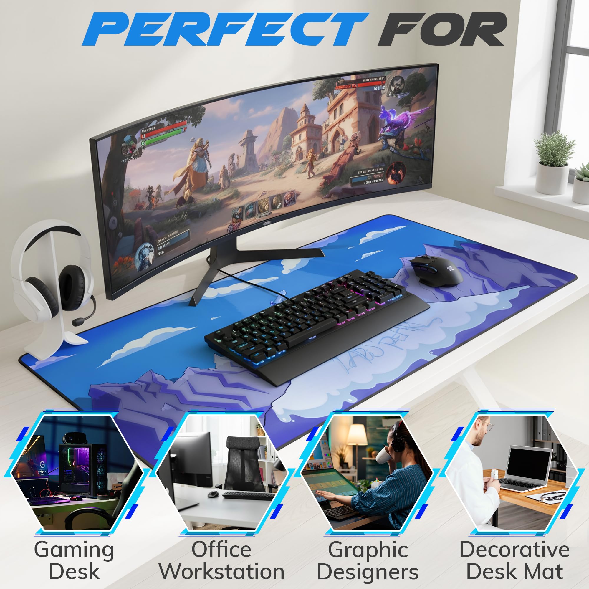 LapisPearl Extended Gaming Mouse Pad, XXL Desk Mat with Artistic Blue Cloud Design, Water-Resistant Surface, Non-Slip Rubber Base, 90 x 40 cm