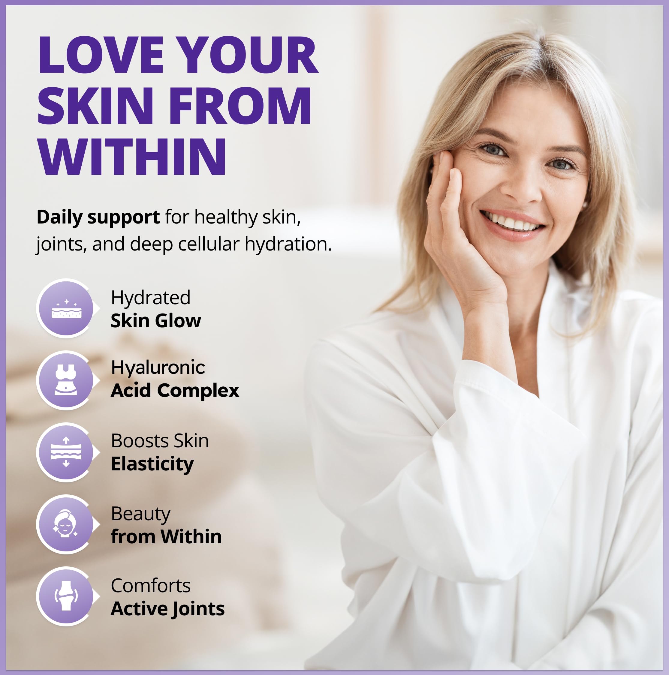 CanPrev - Hya Love Hyaluronate pour l'hydratation et la beauté, 60 V-Caps, 30 jours de traitement - Aide à la formation de collagène - Aide à maintenir la santé des cheveux, des ongles, des muqueuses et l'hydratation de la peau