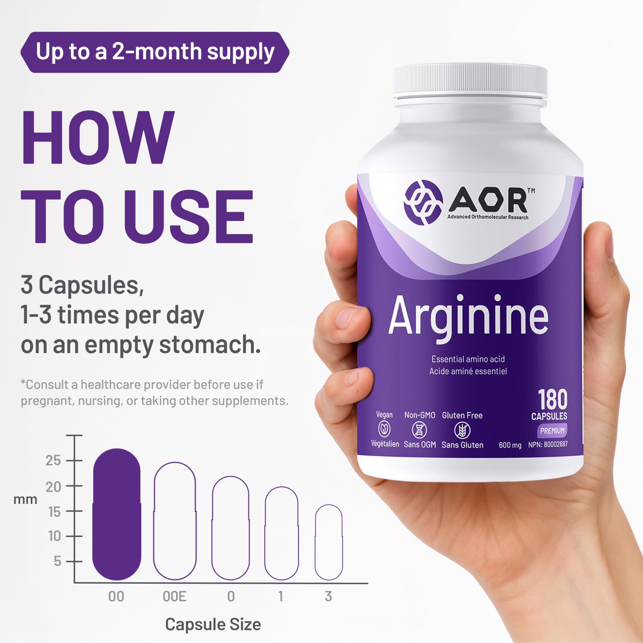 AOR Arginine 600mg, Vegan 180 Caps 60-Day Supply - L-Arginine Supplement for Circulation & Vitality - Support Nitric Oxide Production - Essential Amino Acids for Skin Elasticity and Muscle Performance
