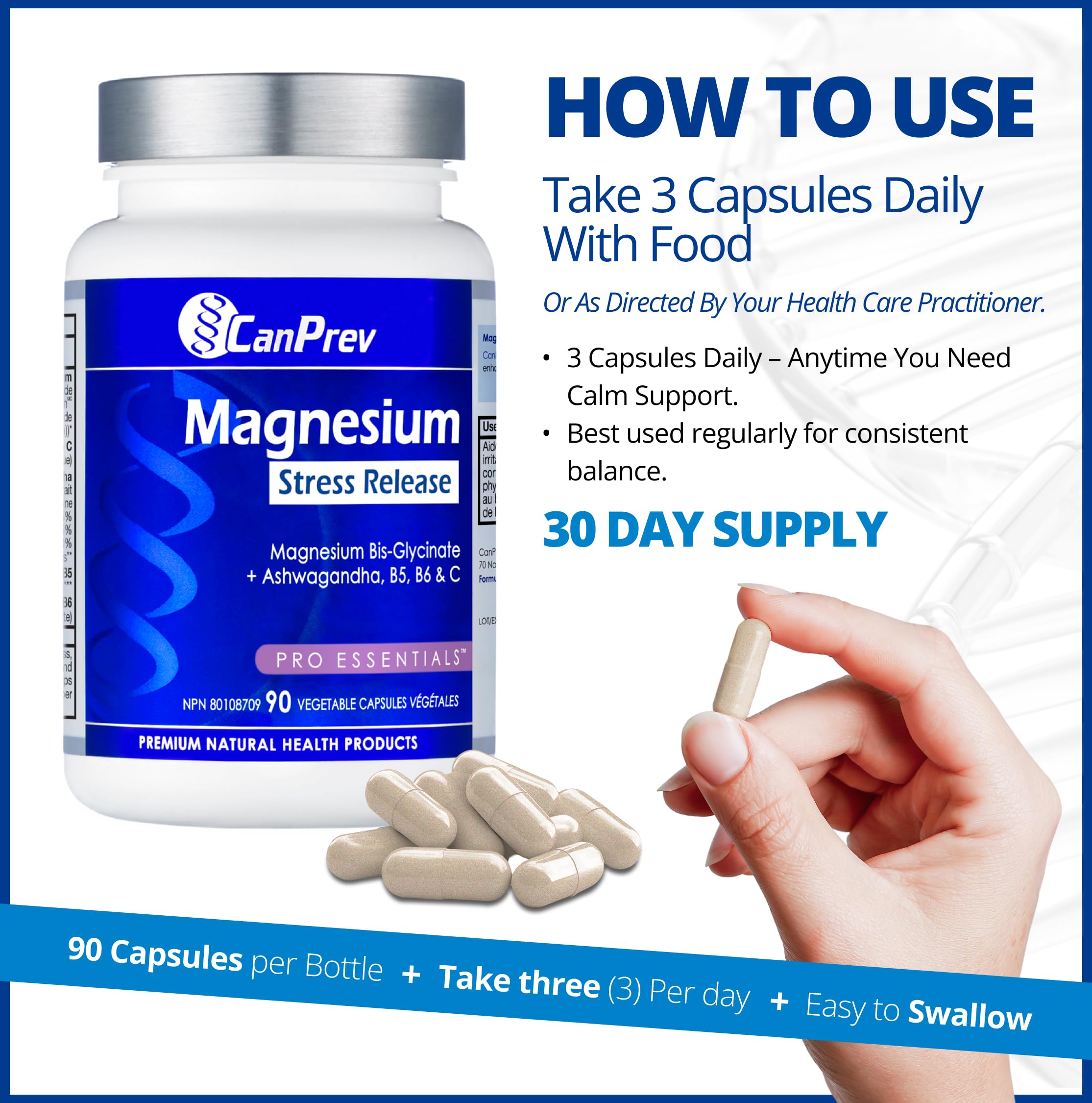CanPrev Bisglycinate de magnésium + Ashwagandha, 90 capsules, 30 jours – Supplément de capsules de vitamines B5, B6 et C – Idéal pour retrouver le calme mental, réduire l'irritabilité et améliorer la concentration – Végétalien et sans OGM
