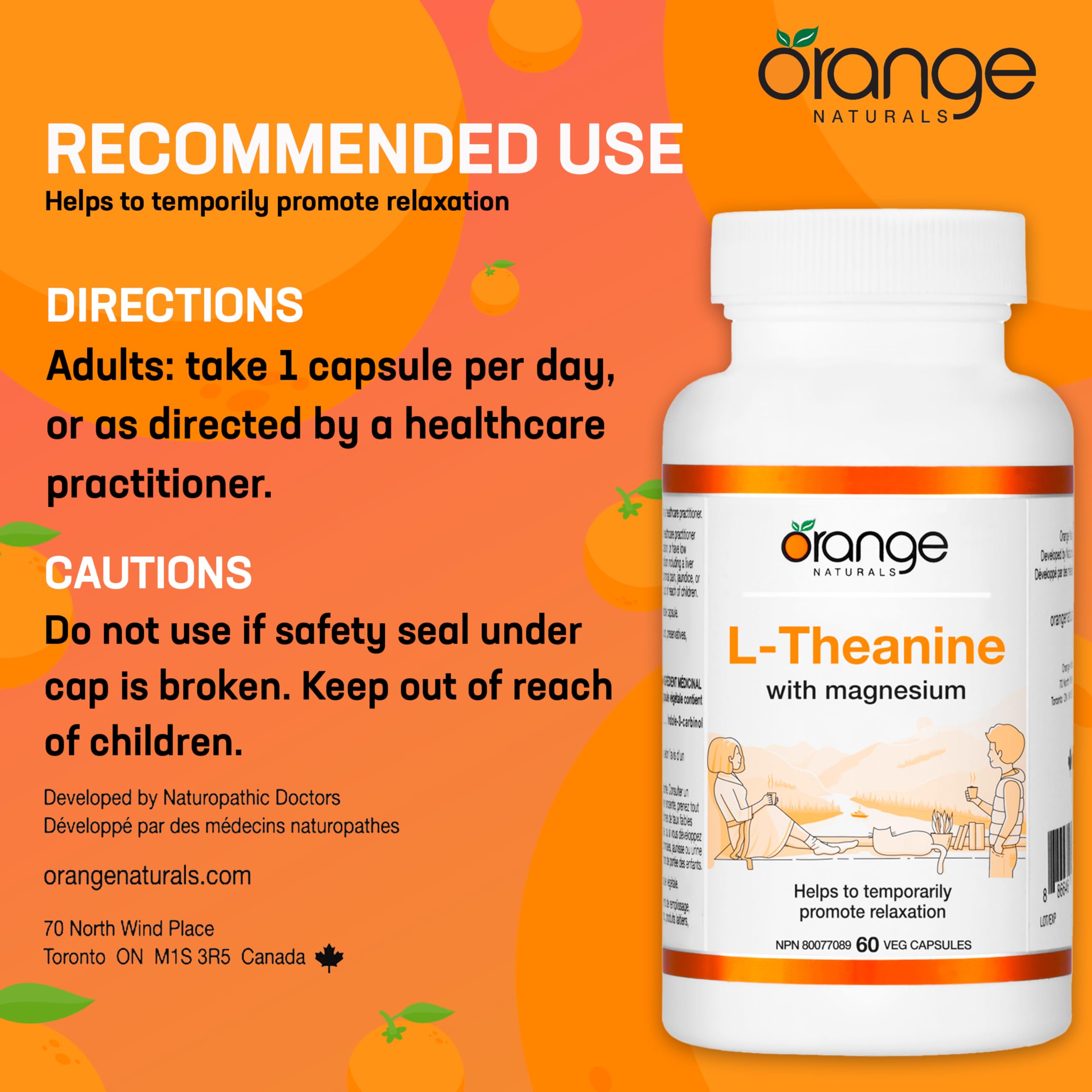 Orange Naturals - L-Théanine et Bisglycinate de Magnésium 250 mg, 60 gélules (approvisionnement de 60 jours) - Soutien amélioré pour le sommeil et la relaxation sans somnolence, favorise le calme mental - Végétalien et sans OGM