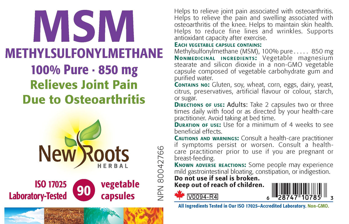 New Roots Herbal Organic MSM Capsules, 850mg, Joint Support, 90 Pack