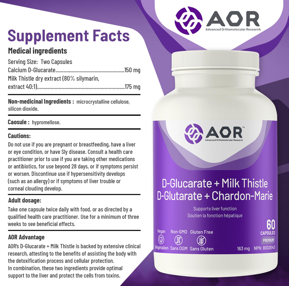 AOR Calcium D Glucarate Milk Thistle, Liver Support, 80% Silymarin, 60 Caps