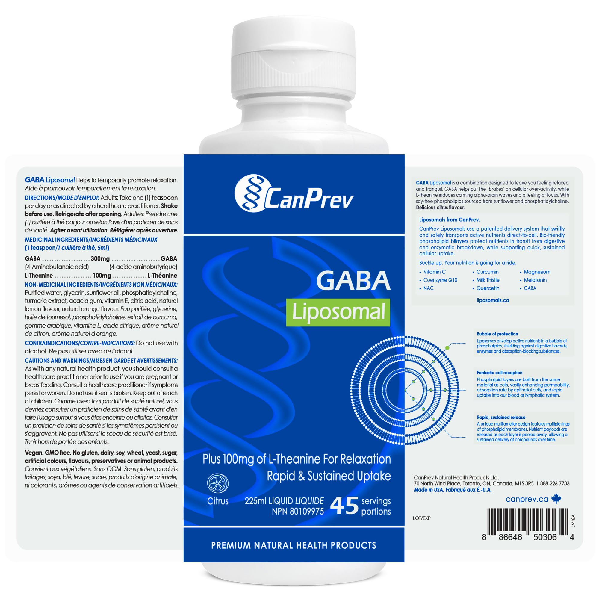 CanPrev - GABA Liposomal, 225 ml Liquide 45 Portions, Saveur Agrumes - GABA avec L-Théanine pour la Clarté Mentale et la Relaxation, la Sérénité, le Soutien au Sommeil, la Santé Cérébrale - Végétalien, Sans OGM et Sans Gluten