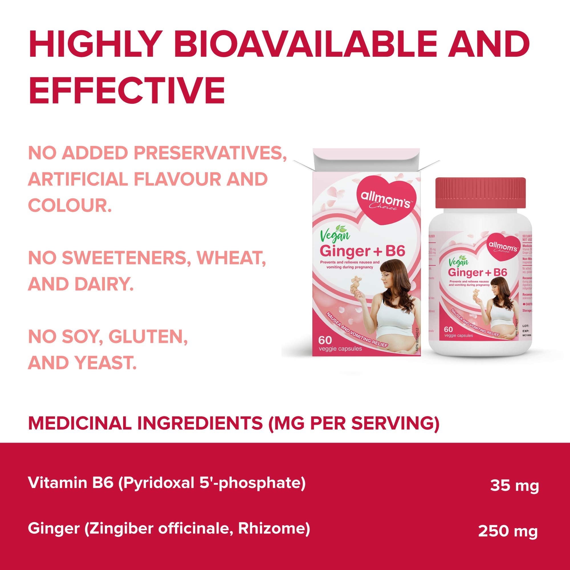 Gingembre Vegan + B6 (60 gélules), remède naturel pour prévenir et soulager les nausées matinales, réduire les brûlures d'estomac et améliorer l'appétit, anti-nauséeux pour la grossesse par Allmom's Choice