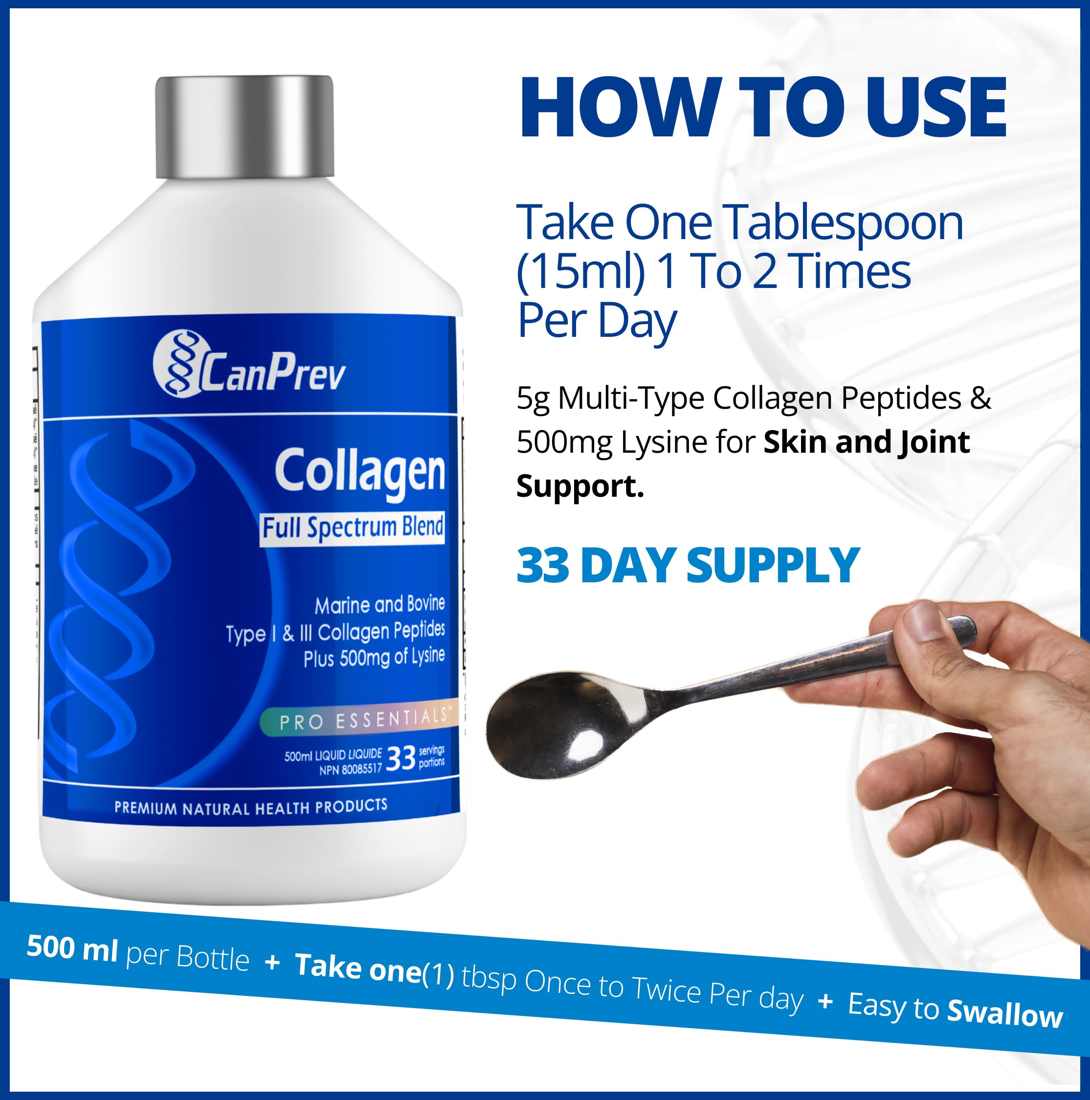 CanPrev Collagen Spectre Complet, 500 ml liquide 33 portions - Peptides de collagène marin et bovin - Aide à construire une peau saine, des os, des muscles, du cartilage et des articulations solides - Sans OGM et sans gluten