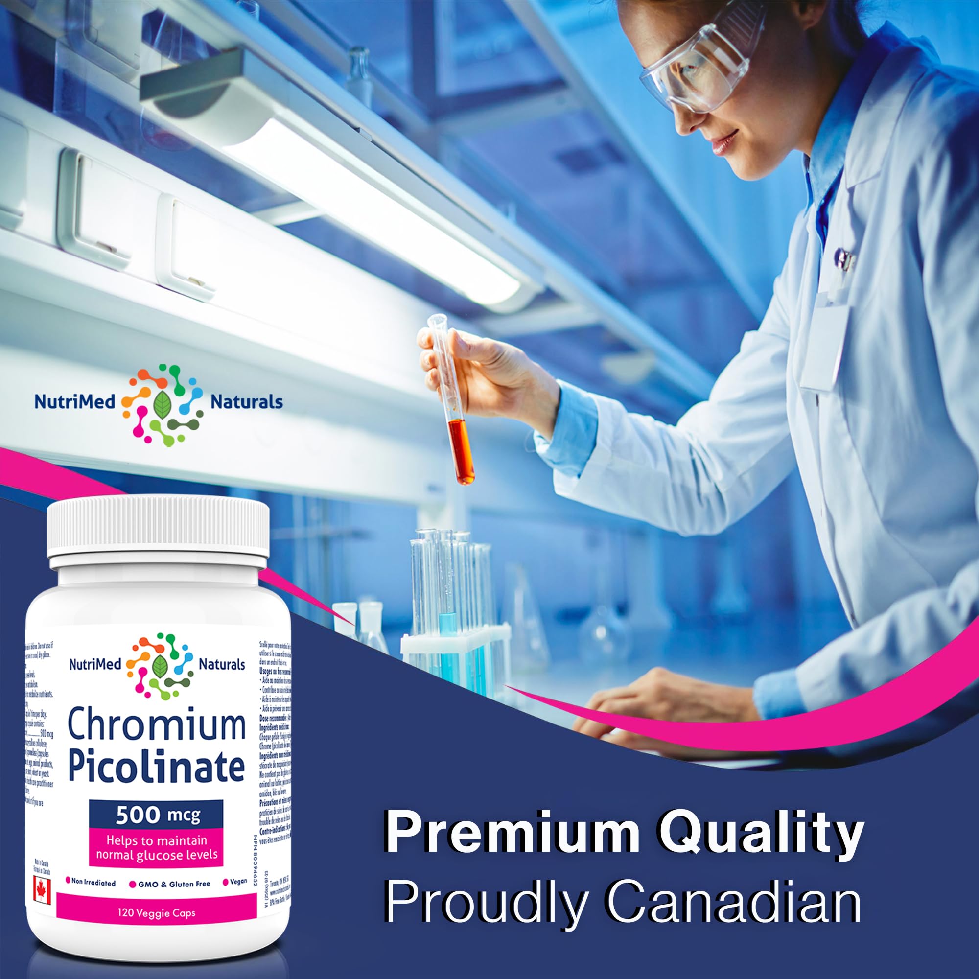 Nutrimed Naturals - Picolinate de chrome 500mcg, 120 Gélules pour 120 Jours - Soutien de la Glycémie et du Sucre Sanguin - Soutien de la Masse Musculaire et du Métabolisme - Testé par un Tiers - Formulé et Fabriqué au Canada