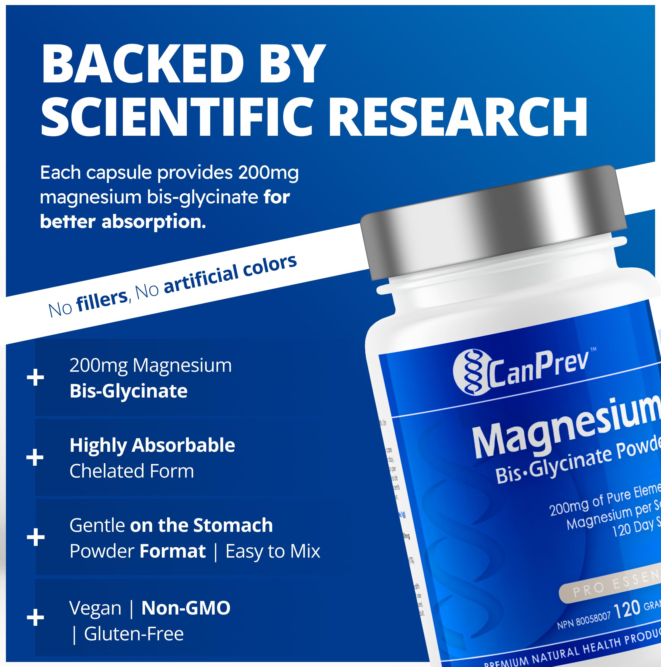 CanPrev Poudre de bisglycinate de magnésium 200 mg, 120 g, Approvisionnement de 120 jours - Bisglycinate de magnésium pur chélaté pour soutenir la santé des os, des dents et la fonction musculaire - Doux et facile à absorber - Convient aux végétaliens