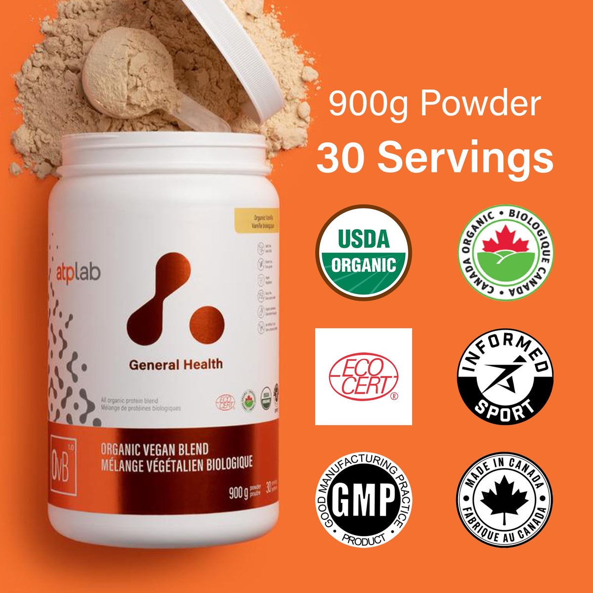 atplab Organic Vegan Blend Protein Powder, 5 Plant Proteins, Vanilla, 900g