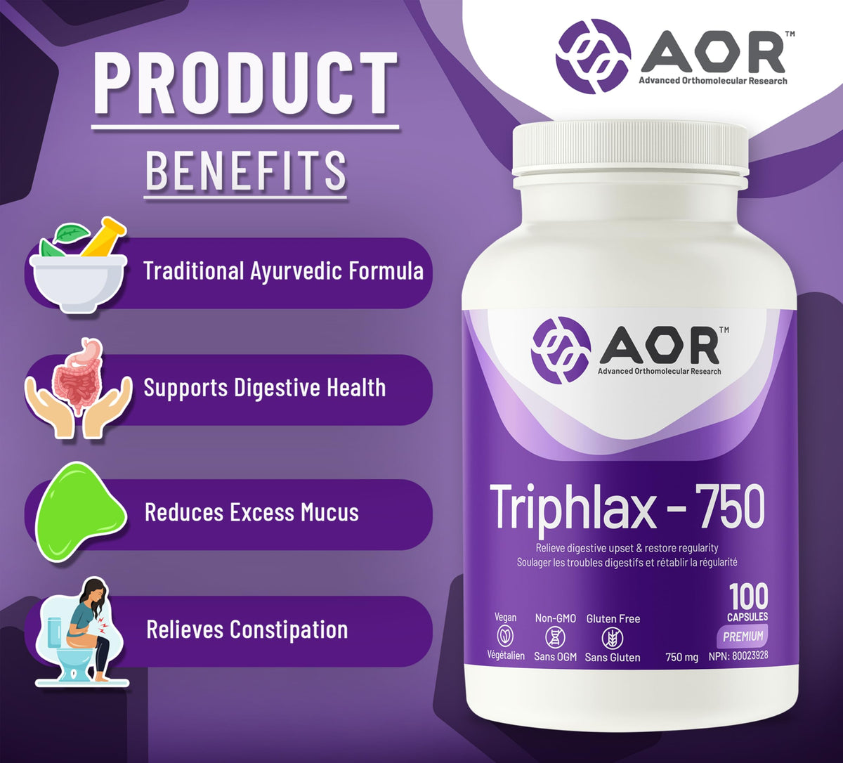 AOR Triphlax Triphala Capsules, Three Fruit Blend, Ayurvedic, 100 Capsules