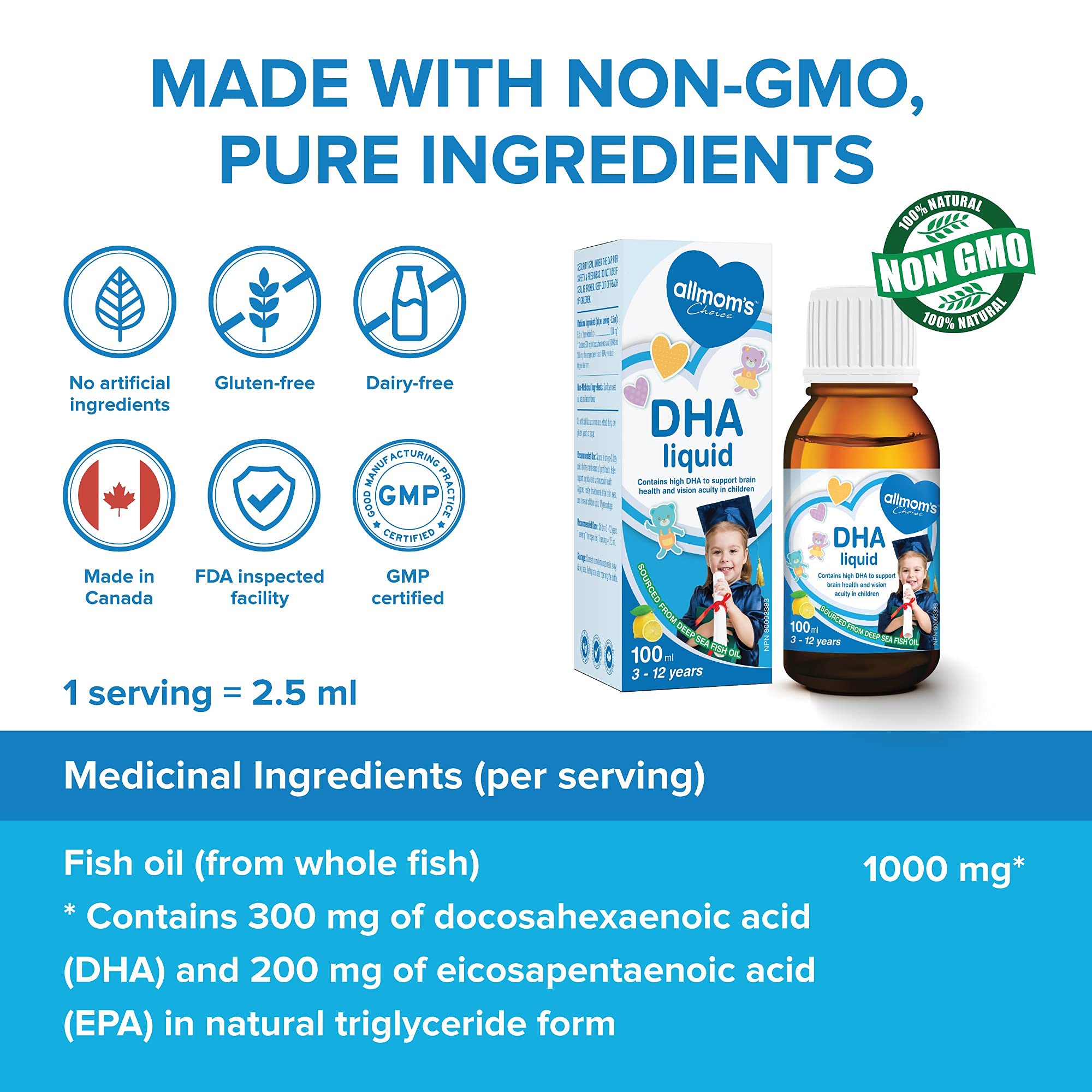 DHA for Kids - No Fishy Taste, Age 3 to 12, Non GMO - Helps Kids Brain Development and Focus, Improves Mood - 300 mg DHA, 200 mg EPA from 1000 mg Omega 3 Fish Oil - 40 Days Supply - Allmom's Choice