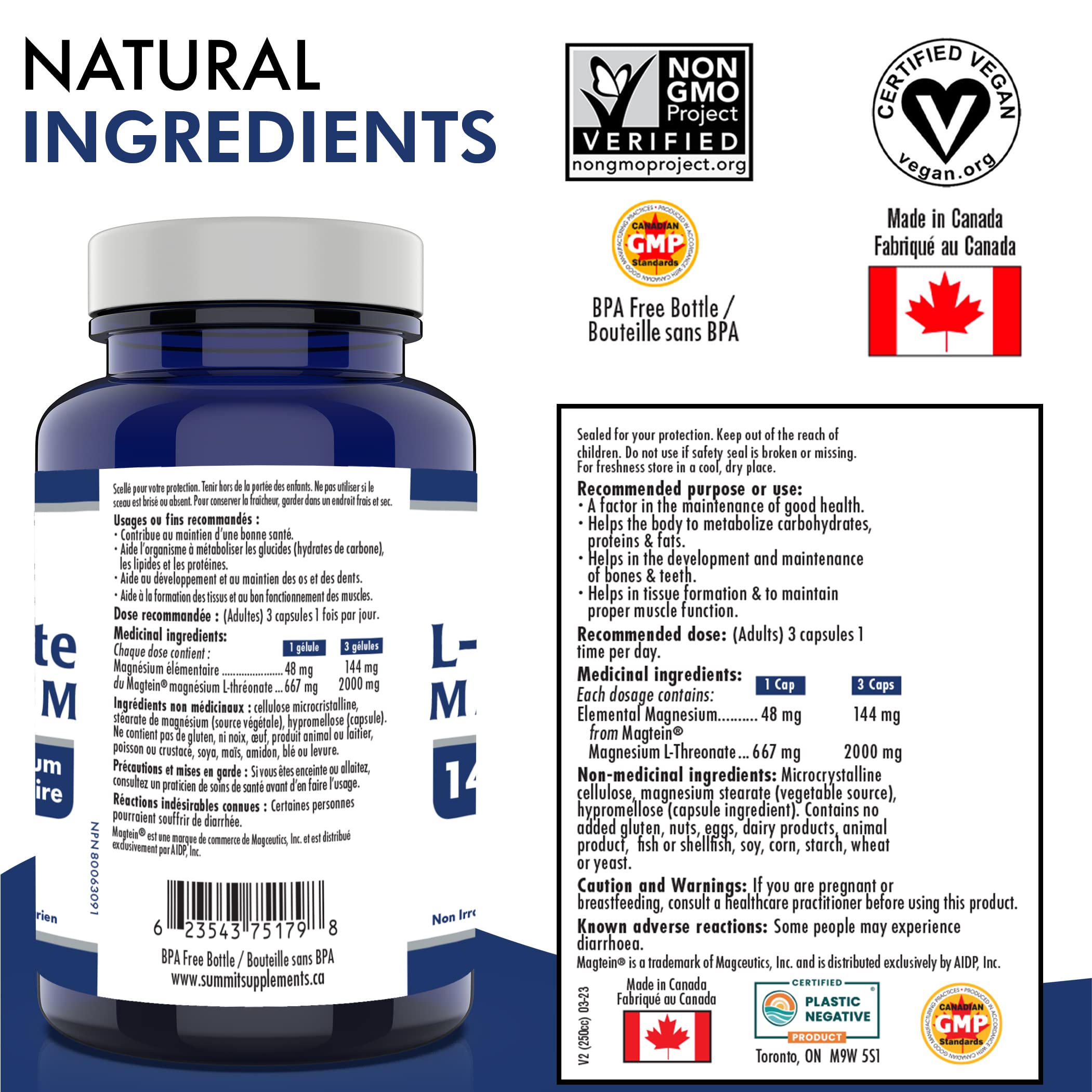 Proudly Canadian & Plastic Negative - Magtein Magnesium L-Threonate 125 Vegan Capsules 41-Day Supply - Brain Health, Promote Healthy Sleep & Relaxation - 3rd Party Tested - Formulated & Made in Canada
