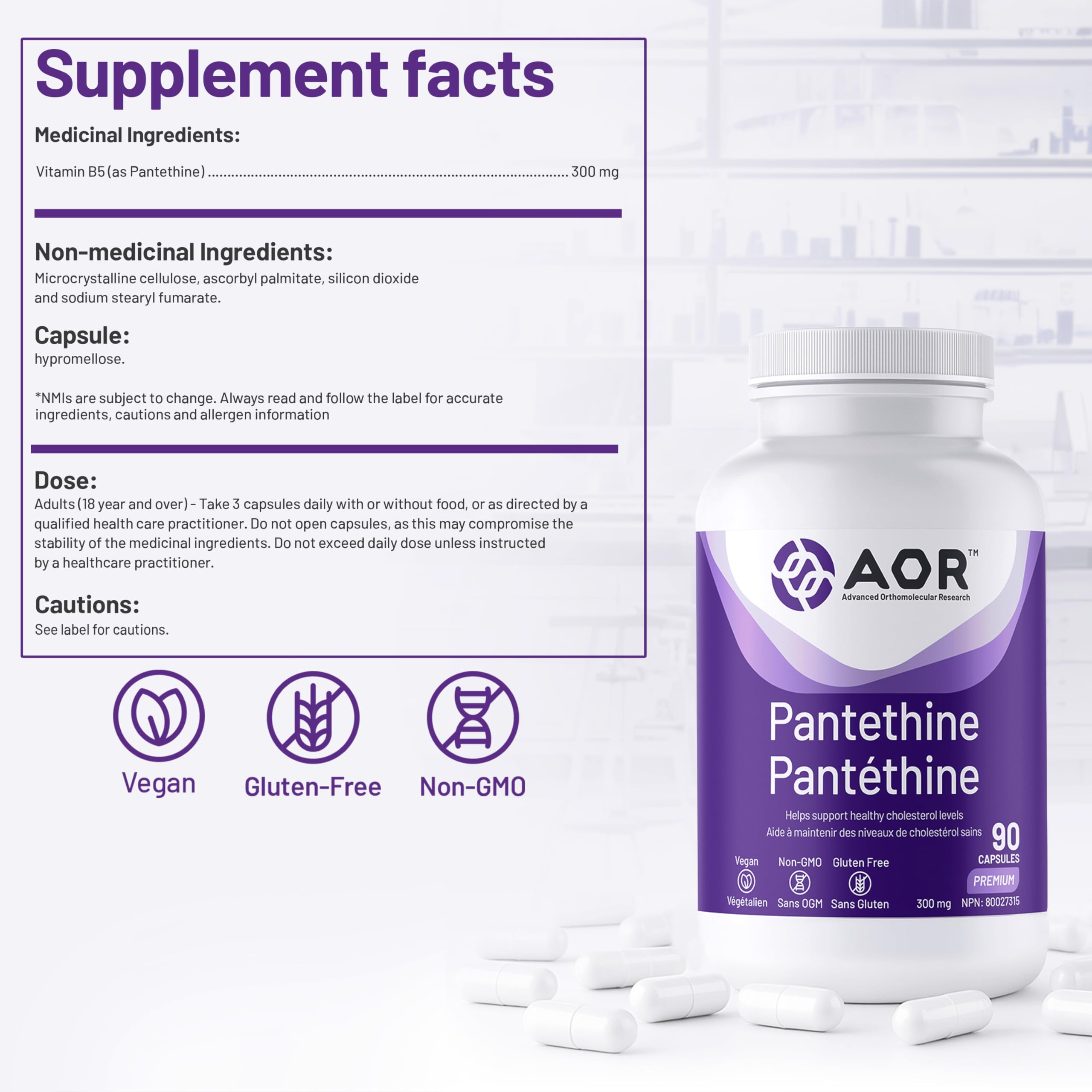 AOR - Pantéthine 300 mg Supplément végétalien, 90 capsules pour 30 jours - Forme active de vitamine B5 (acide pantothénique) - Soutient la fonction surrénale et le taux de cholestérol - Idéal pour le soin du foie et le bien-être général