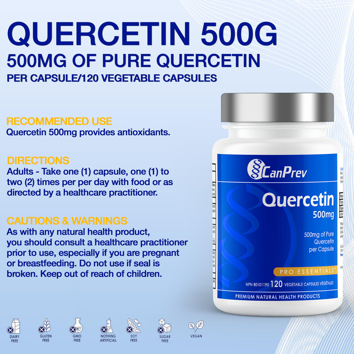 CanPrev Quercetin 500mg Supplement for Adults, Vegan, Non-GMO, 120 Capsules