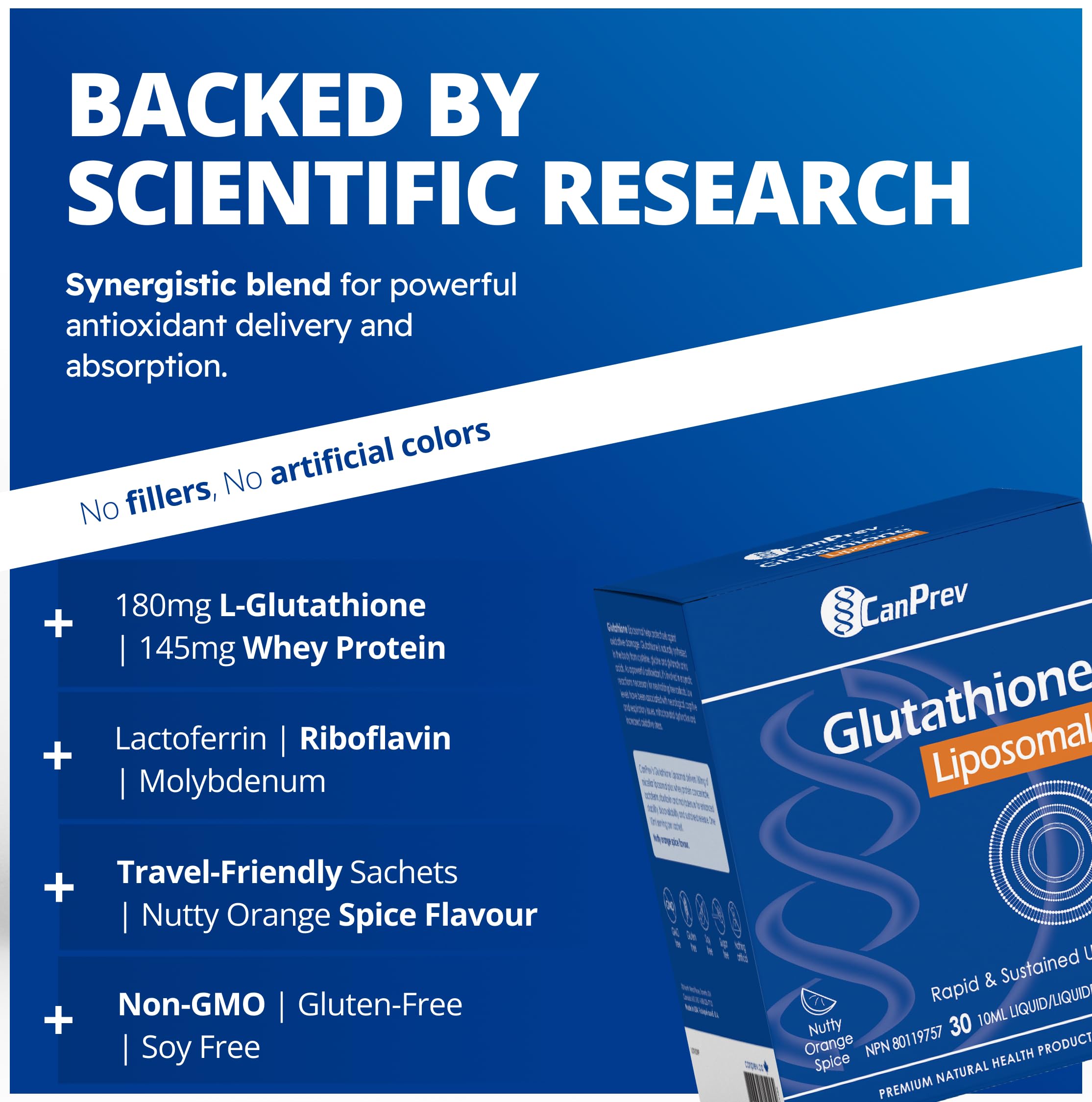 CanPrev Supplément liquide de glutathion liposomale, 30 sachets pour 30 jours – Saveur orange épicée et noisette – L-glutathion pour un soutien antioxydant et hépatique – Absorption efficace – Sans arômes artificiels