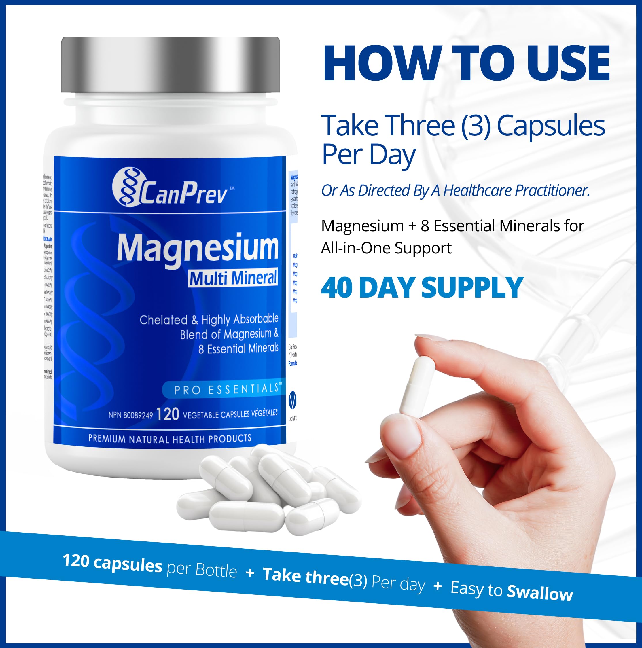 CanPrev Complexe Multi-Minéraux Magnésium, 120 Gélules Végétaliennes, 40 Jours d'Approvisionnement - Absorption Améliorée avec 8 Minéraux Chélatés Essentiels - Magnésium, Sélénium, Calcium et Plus pour le Bien-être Quotidien