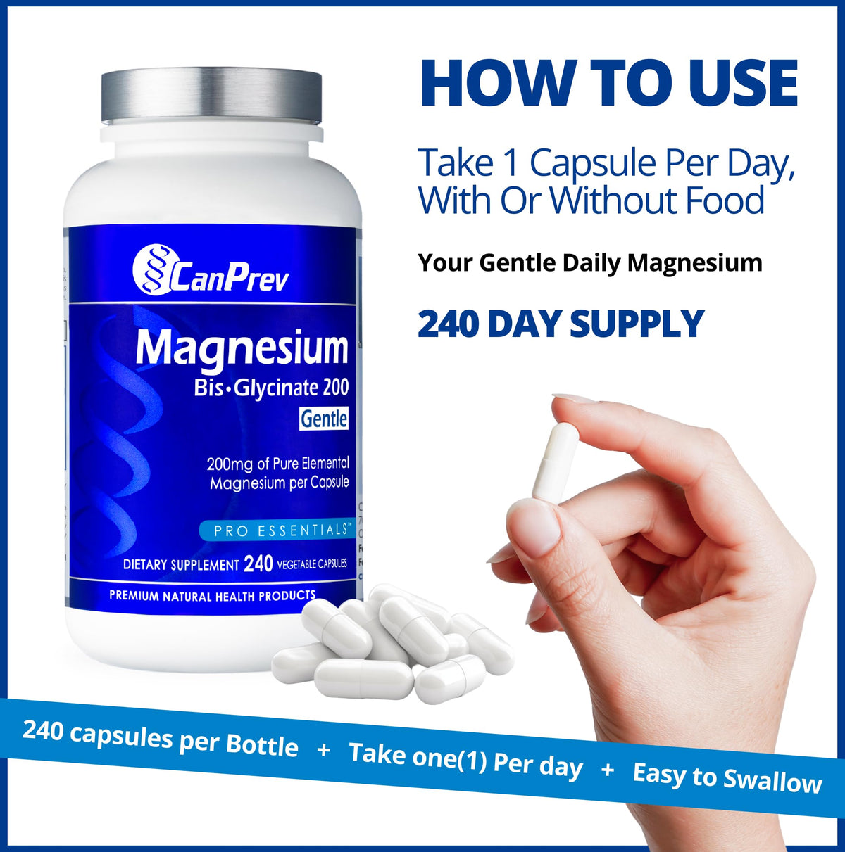CanPrev Magnesium Bisglycinate Capsules, 200mg, Gluten-Free, 240-Day Supply