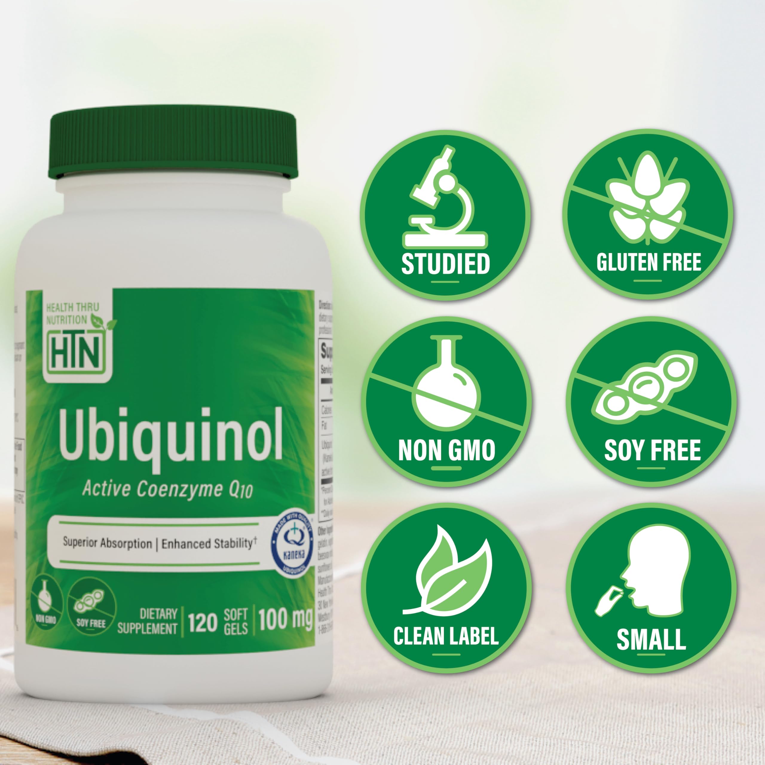 Health Thru Nutrition Kaneka Ubiquinol CoQ10 100mg, 120 Gélules - Coenzyme Q10 pour la production d'énergie, Gélules antioxydantes - Pure & Puissante - Complément amélioré pour le soutien cardiaque et hépatique