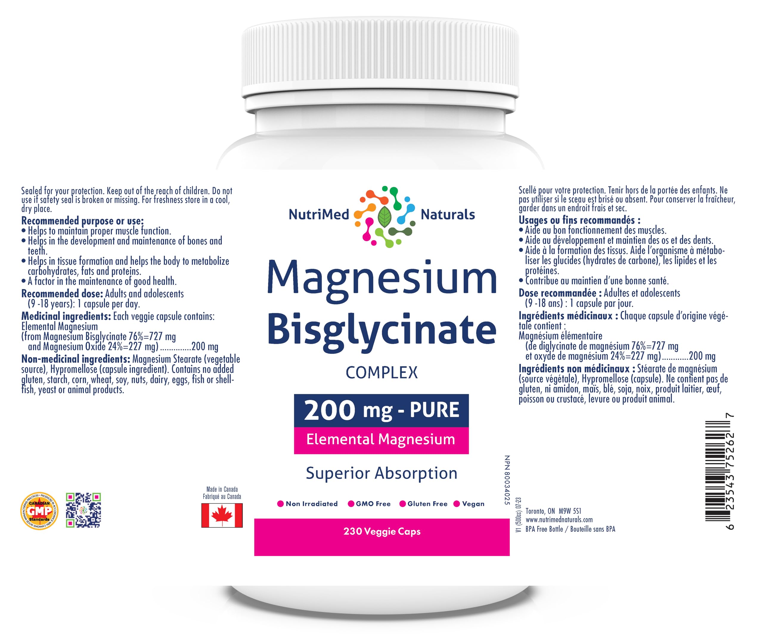 Nutrimed Naturals - Magnesium Bisglycinate Complex 200mg, 230 Capsules 230-Day Supply - Maintain Proper Muscle Function & Bone Health, Sleep Support - 3rd Party Tested - Formulated & Made in Canada