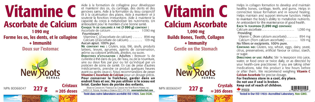 New Roots Herbal Calcium Ascorbate Vitamin C Powder, No Fillers, 227 g