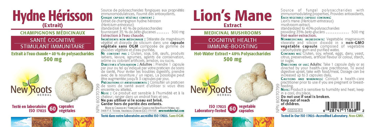 New Roots Herbal Lions Mane Supplement, 500 mg, Beta Glucan, 60 Day Supply