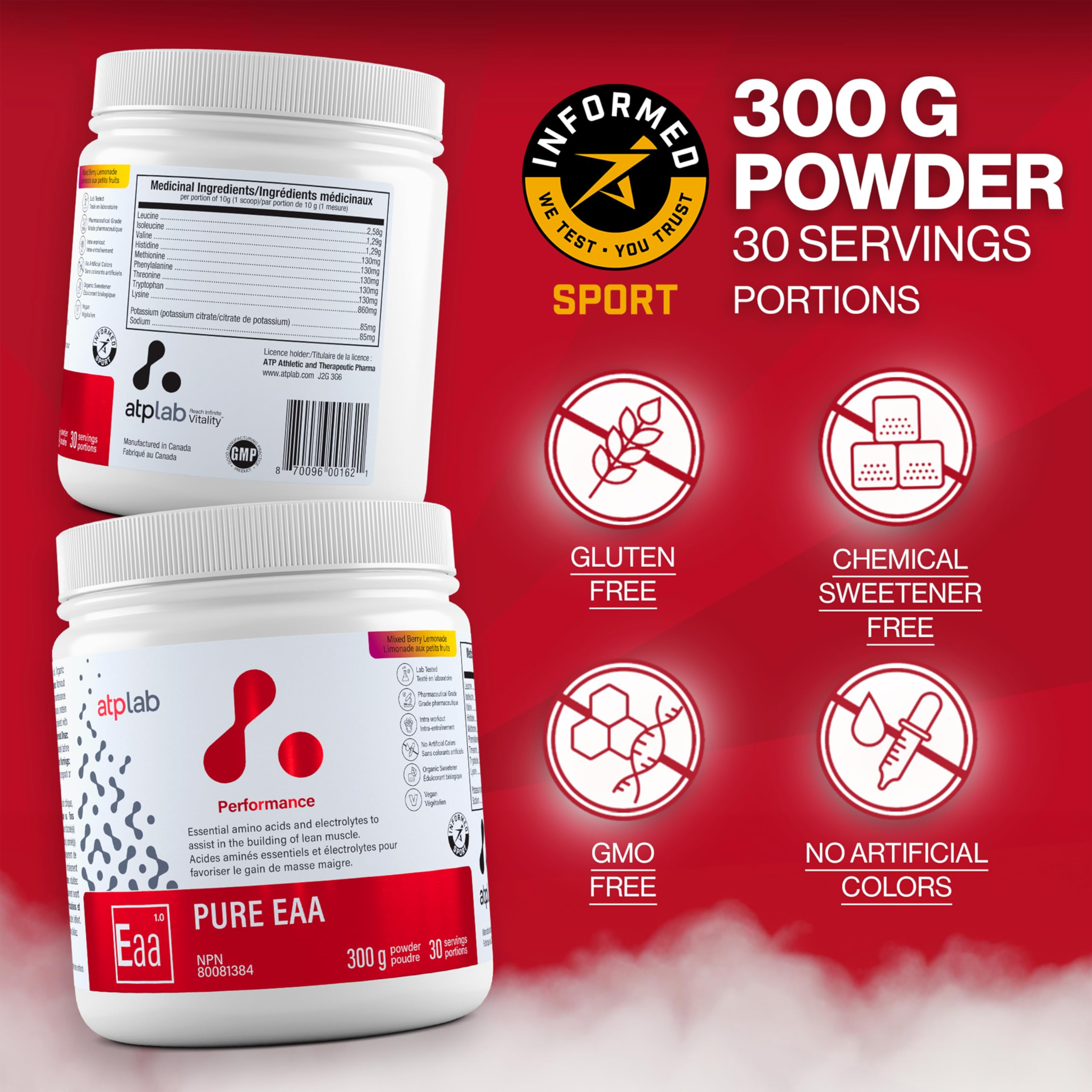 ATP LAB - Pure EAA en Poudre 300g (Saveur Framboise) - Supplément EAA - Poudre d'Acides Aminés Essentiels - Développement Musculaire - Récupération Musculaire