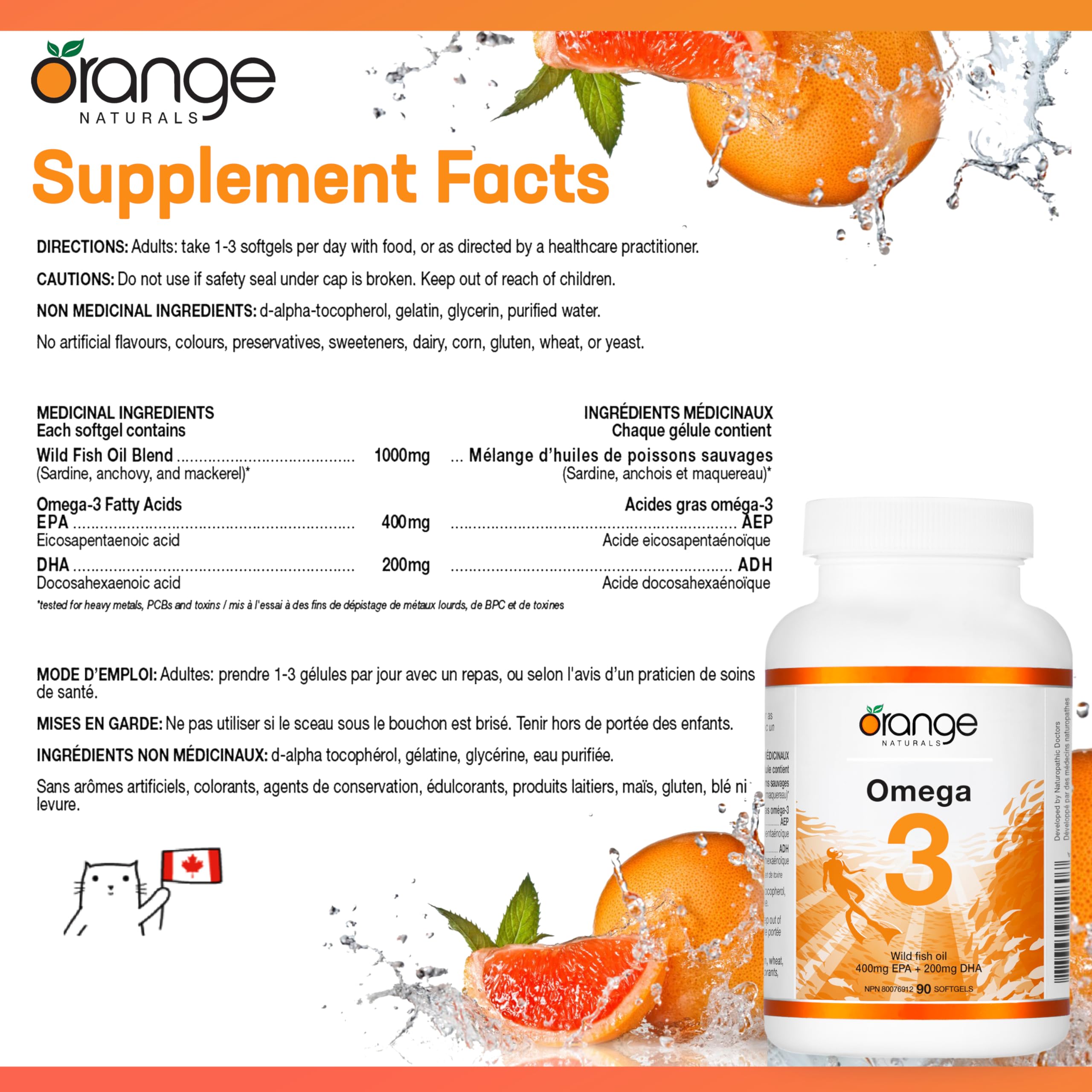 Orange Naturals Huile de poisson Oméga-3 - 90 gélules pour une meilleure santé cérébrale et cardiaque, acides gras essentiels triple concentration, sans OGM, haute teneur en EPA et DHA, soutient la fonction cognitive et le bien-être cardiaque