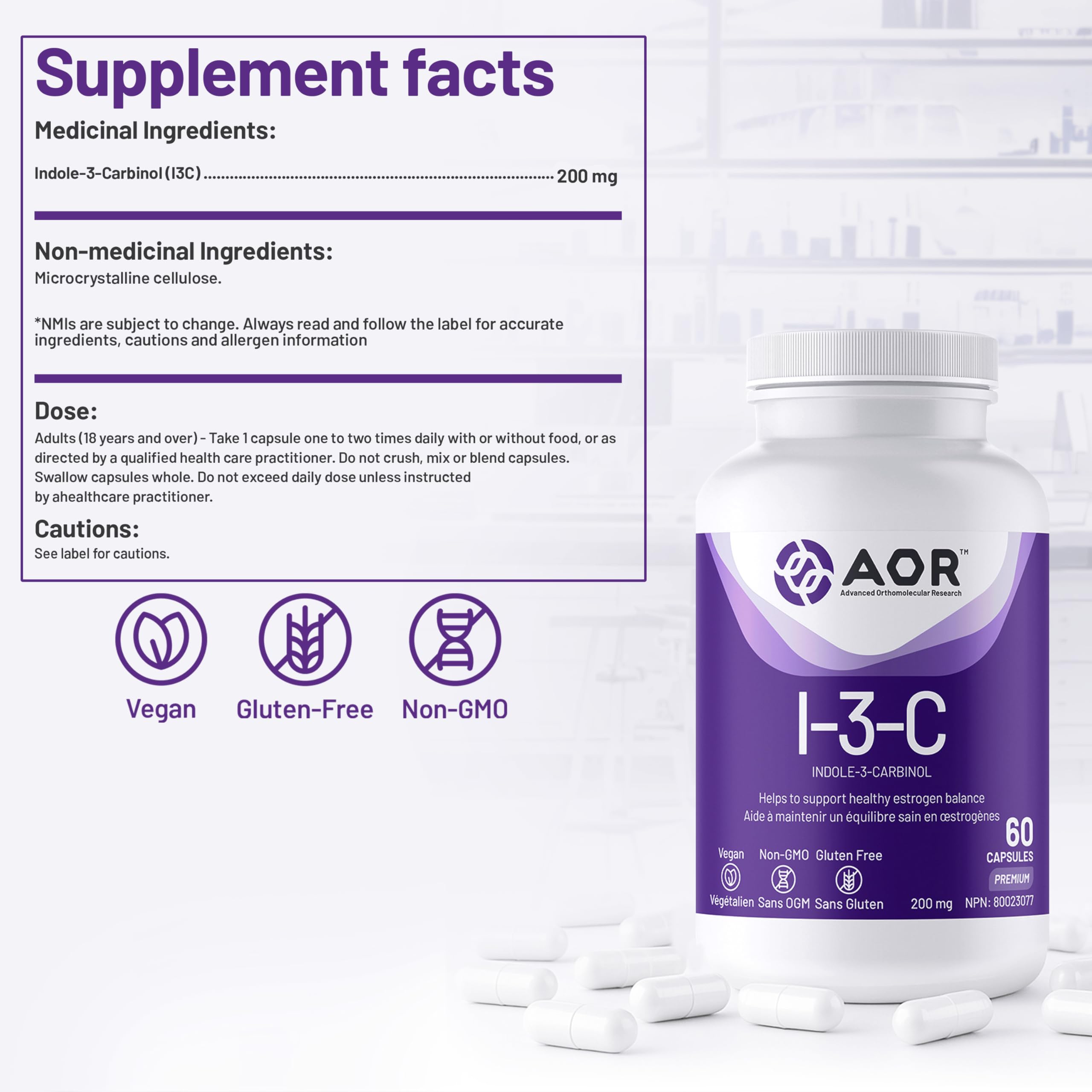 AOR Indole-3-Carbinol I-3-C 200mg 60 capsules — Approvisionnement de 60 jours — Soutien à l'équilibre des œstrogènes pour les femmes, favorise la clarté de la peau et la santé hormonale, bienfaits antioxydants — Végétalien, sans OGM et sans gluten