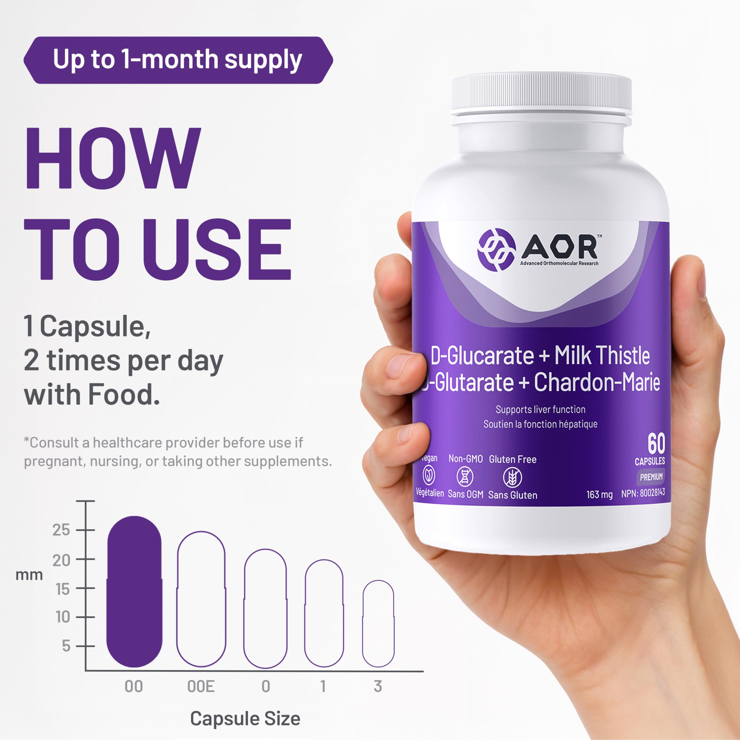AOR Calcium D-Glucarate + Chardon Marie, 60 gélules pour 30 jours – Formule Santé du Foie – Végétalien, Sans OGM et Sans Gluten – Extrait de Chardon Marie pour l'Équilibre Hormonal – Idéal pour les Programmes de Détoxification